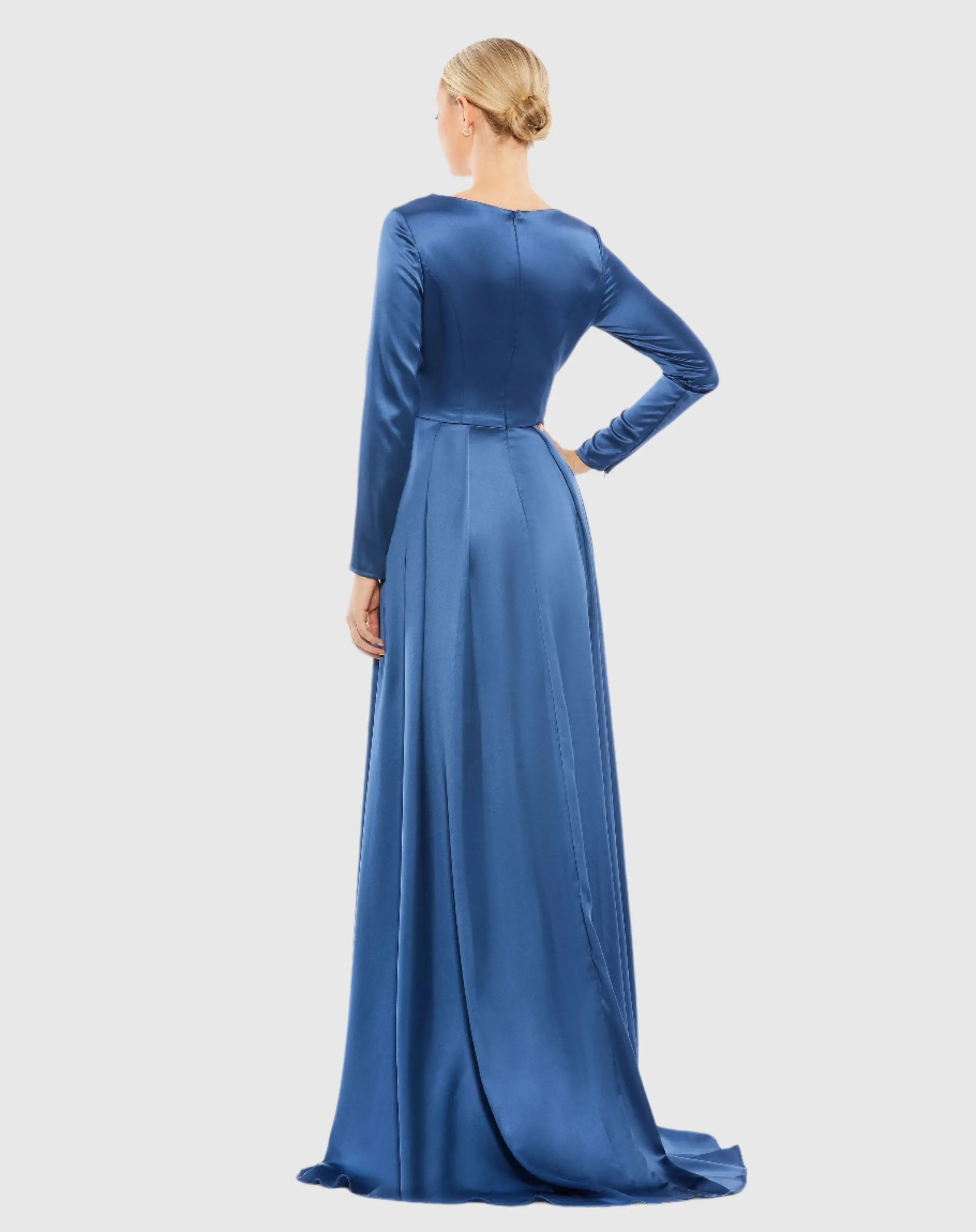 Blue Satin V Neck Long Sleeve Pleated Gown - FINAL SALE