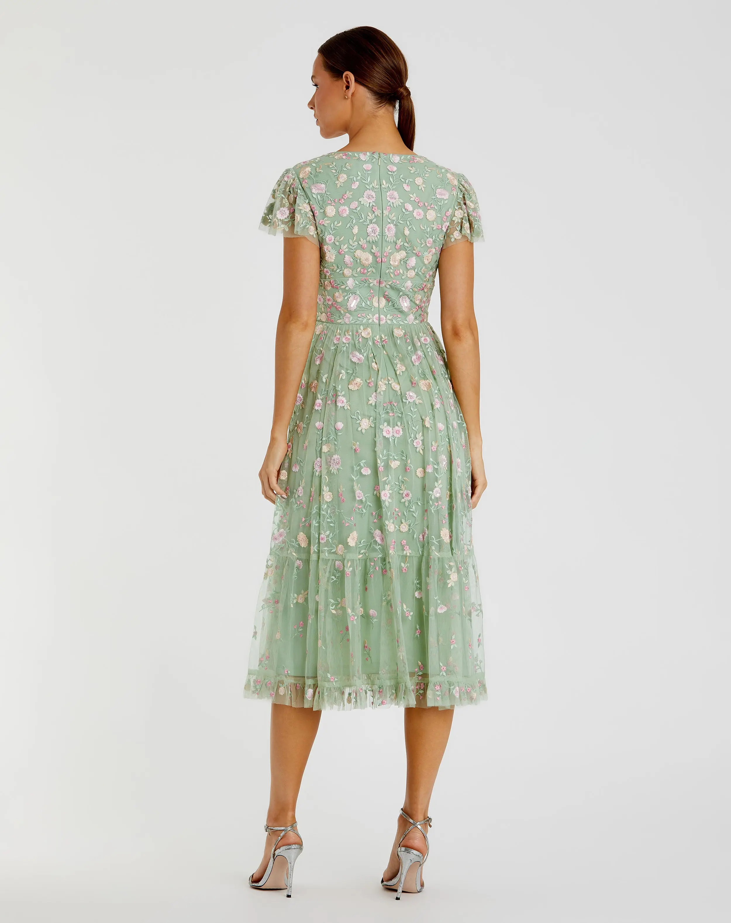 Green Multicolor Embroidered V Neck Cap Sleeve Midi Dress