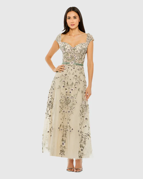 Floral Embroidered Sweetheart Neckline Dress