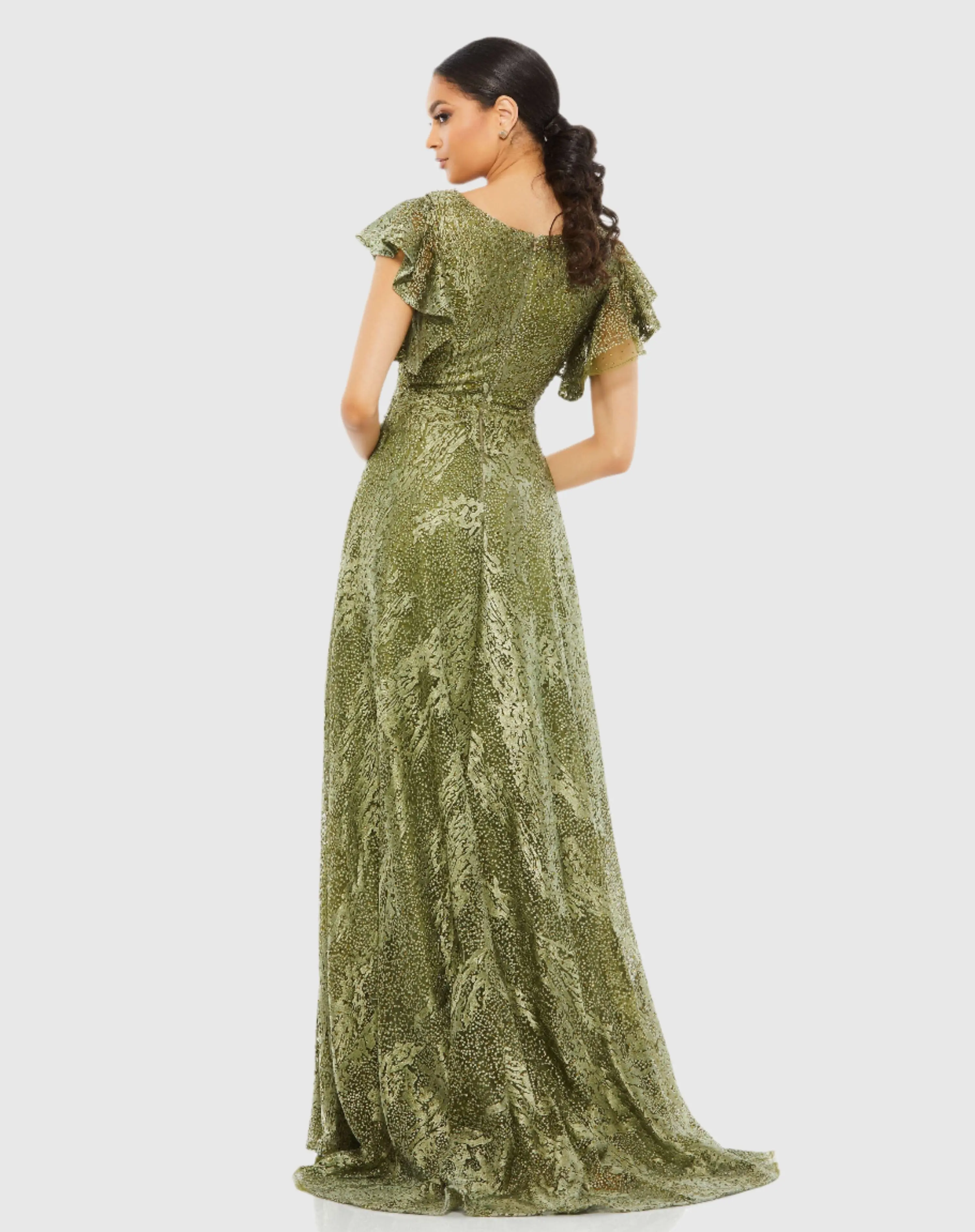 Green Embroidered Flutter Sleeve V-Neck Gown