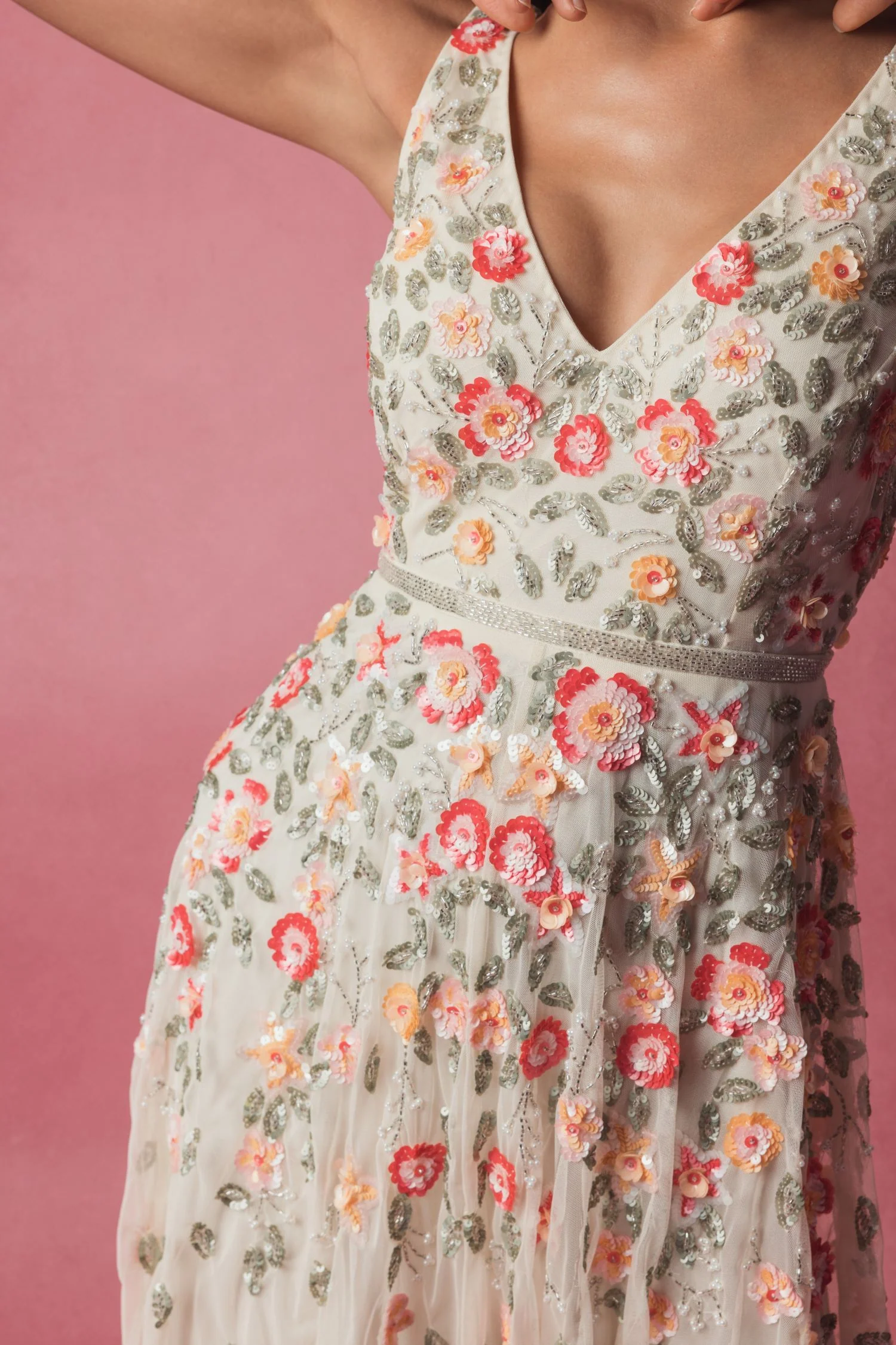 Beige V-Neck Sleeveless Midi Floral Beaded  A-line Dress