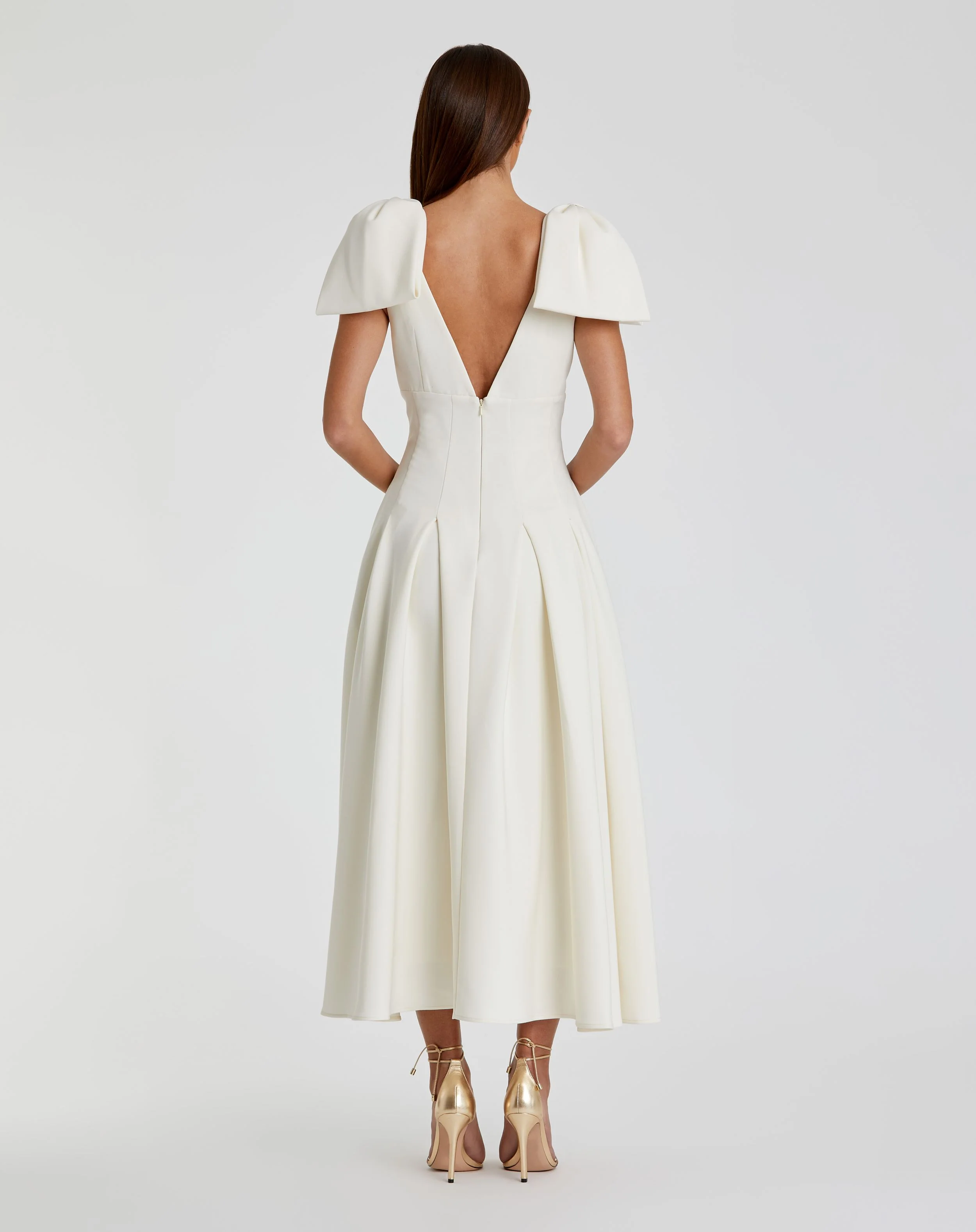 White Crepe A Line Midi Dress With Bow Straps