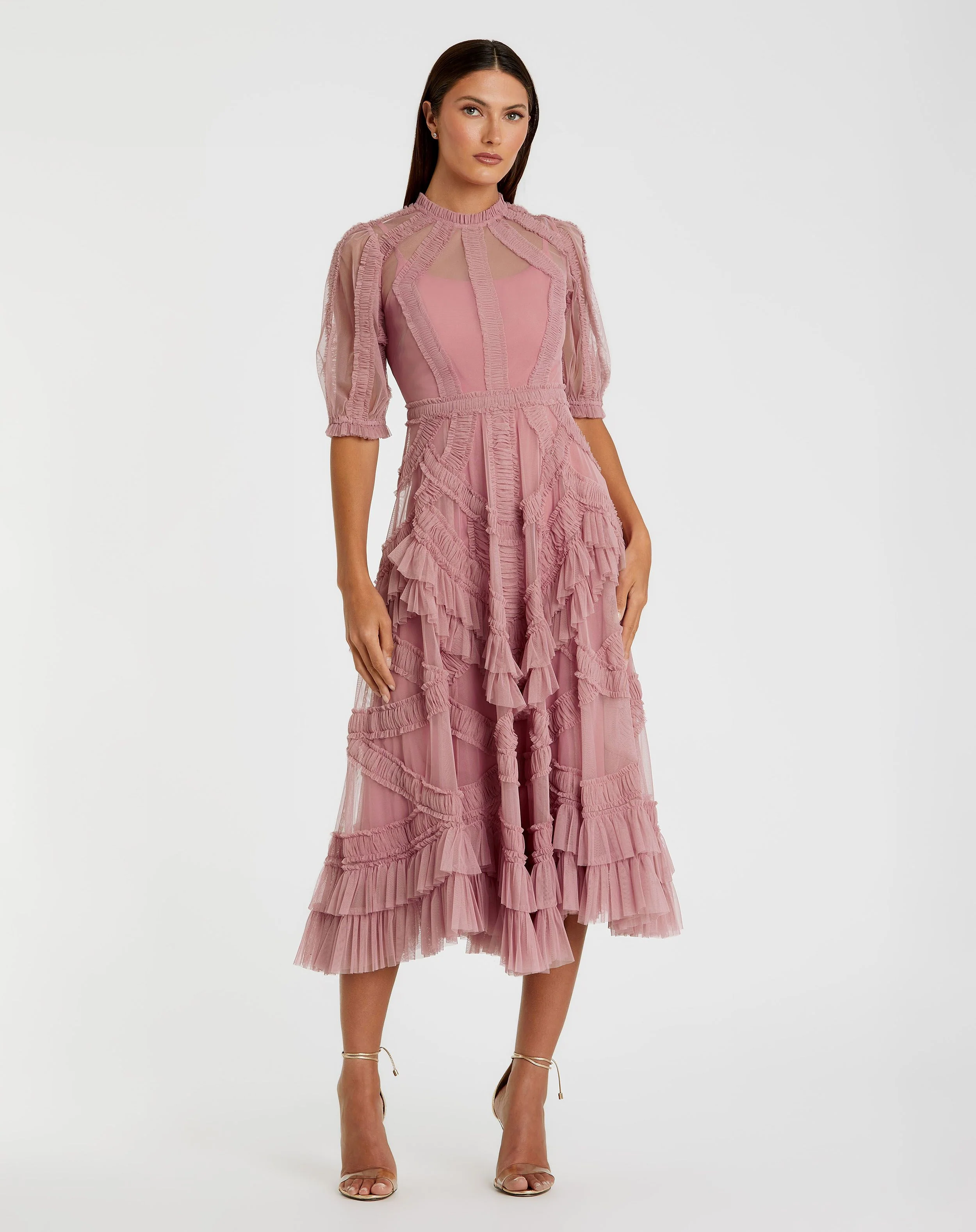 High Neck Micro Ruffle Tiered Midi Dress