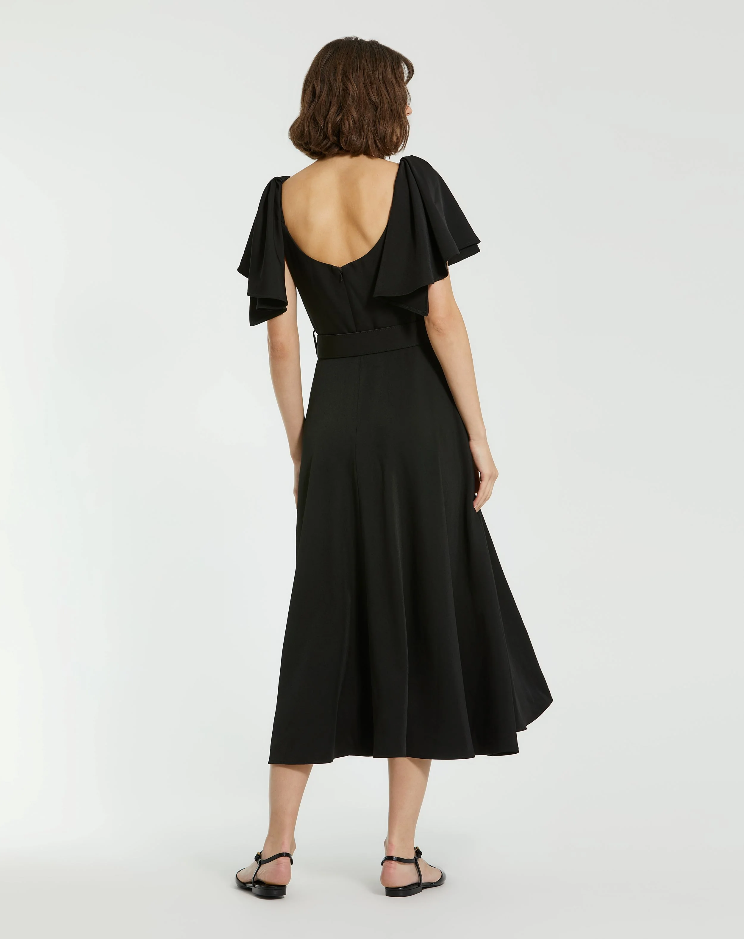 Black Crepe Ruffle Sleeve Midi Dress With Belt