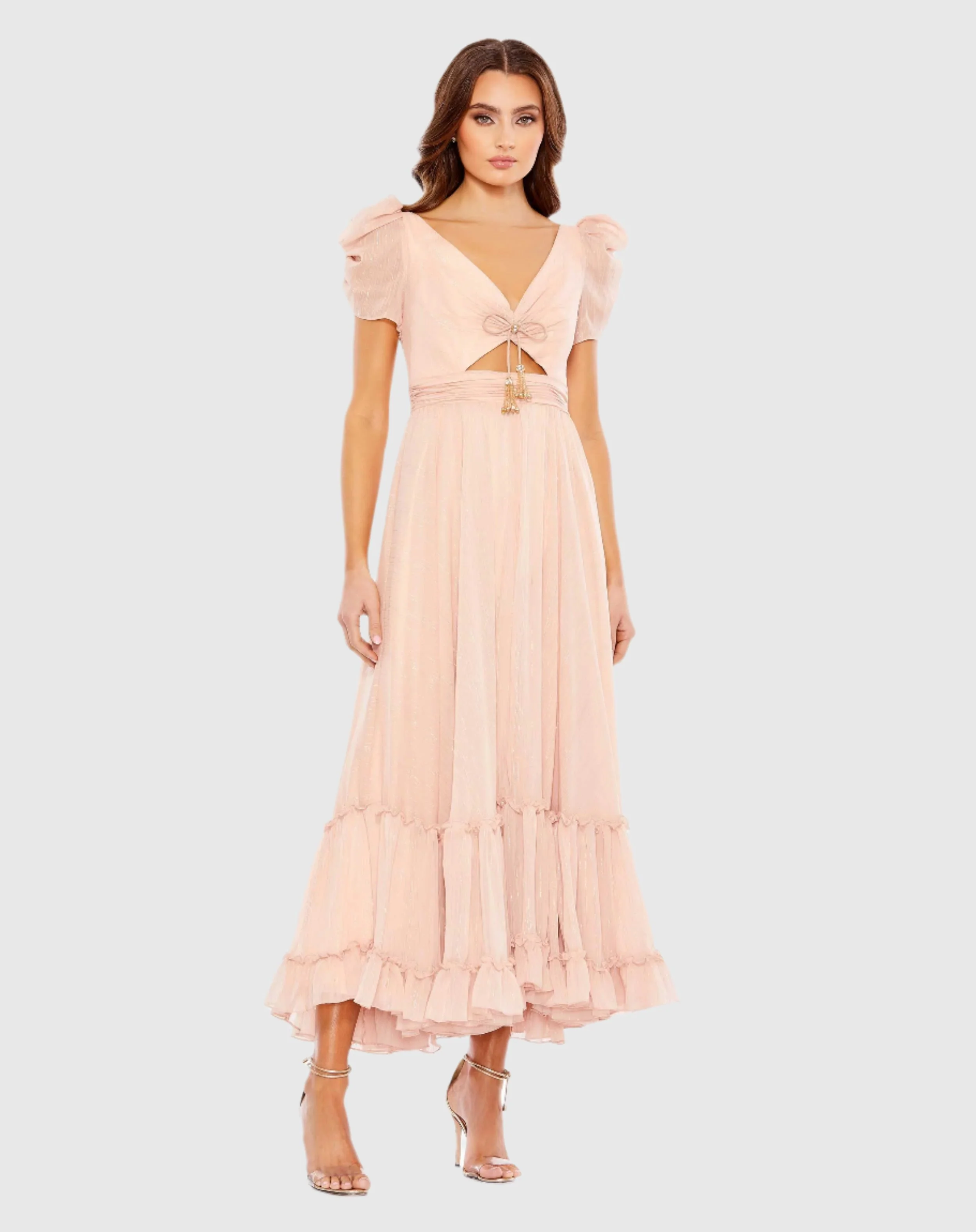 Pink Ruffle Tiered Metallic Ruched Shoulder Dress