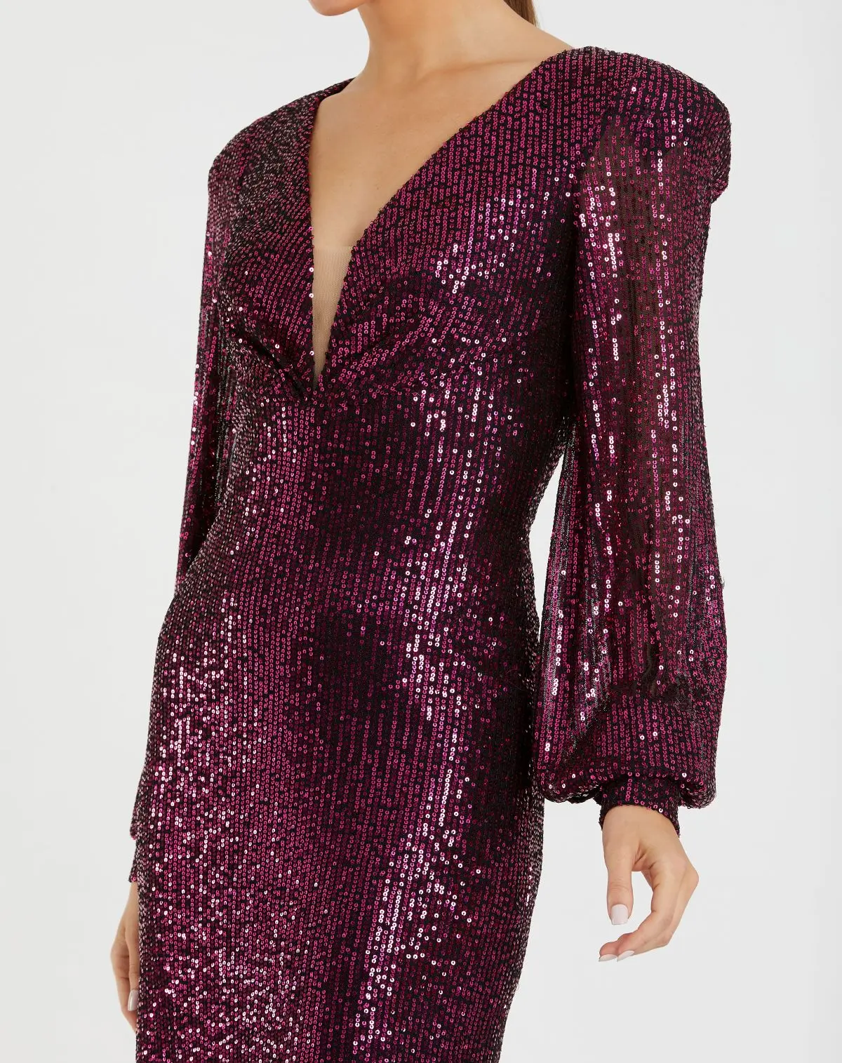 Purple Sequined Structured Bishop Sleeve Midi Dress