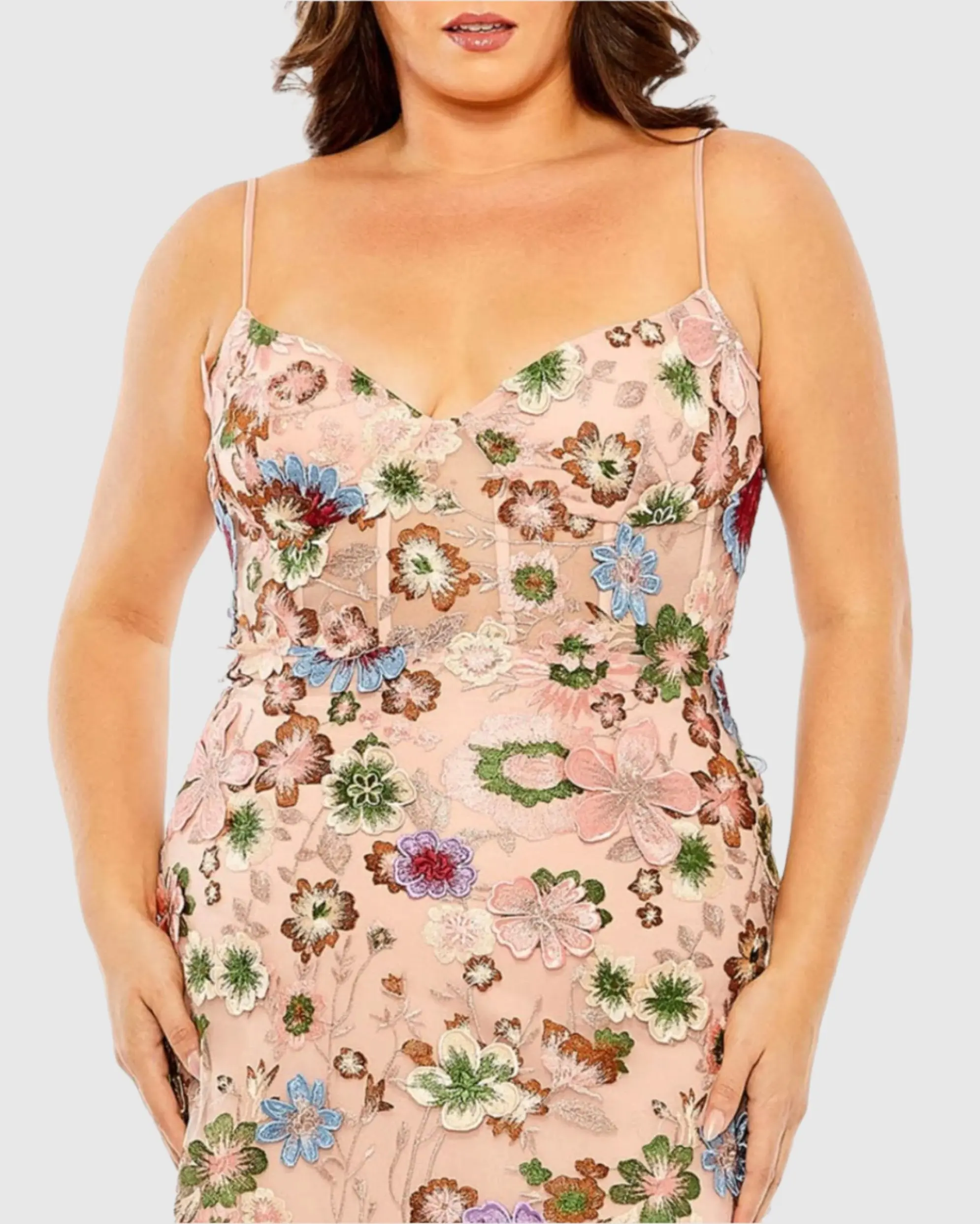 Pink Multicolor Floral Embroidered Corset Mesh Gown