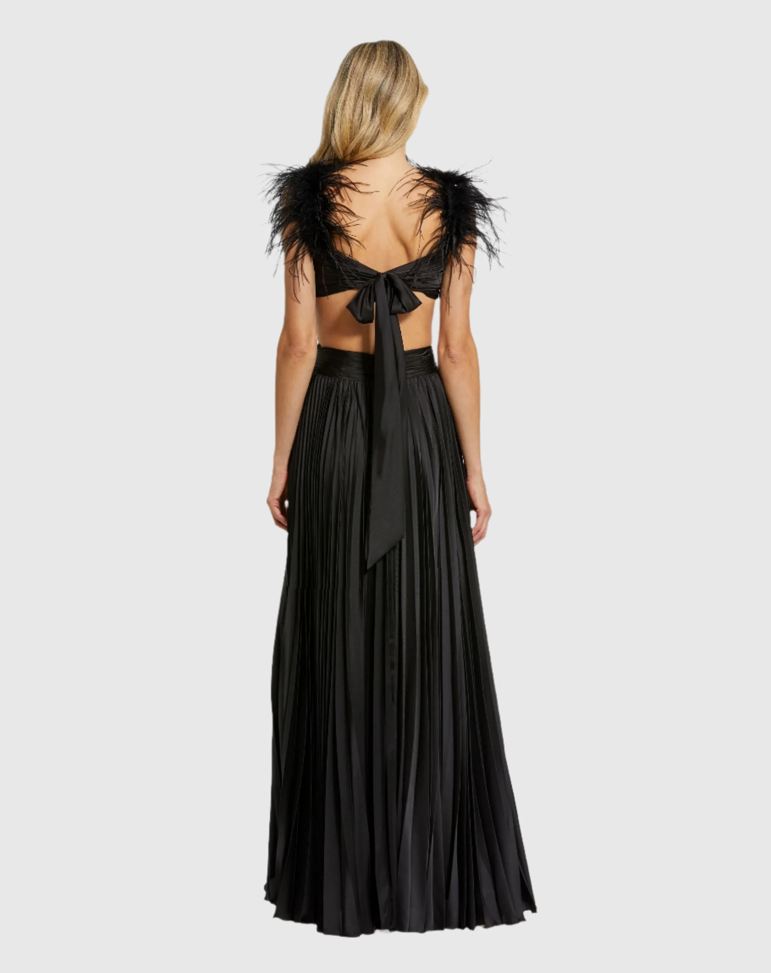 Pleated Feather Cap Sleeve Open Back Gown