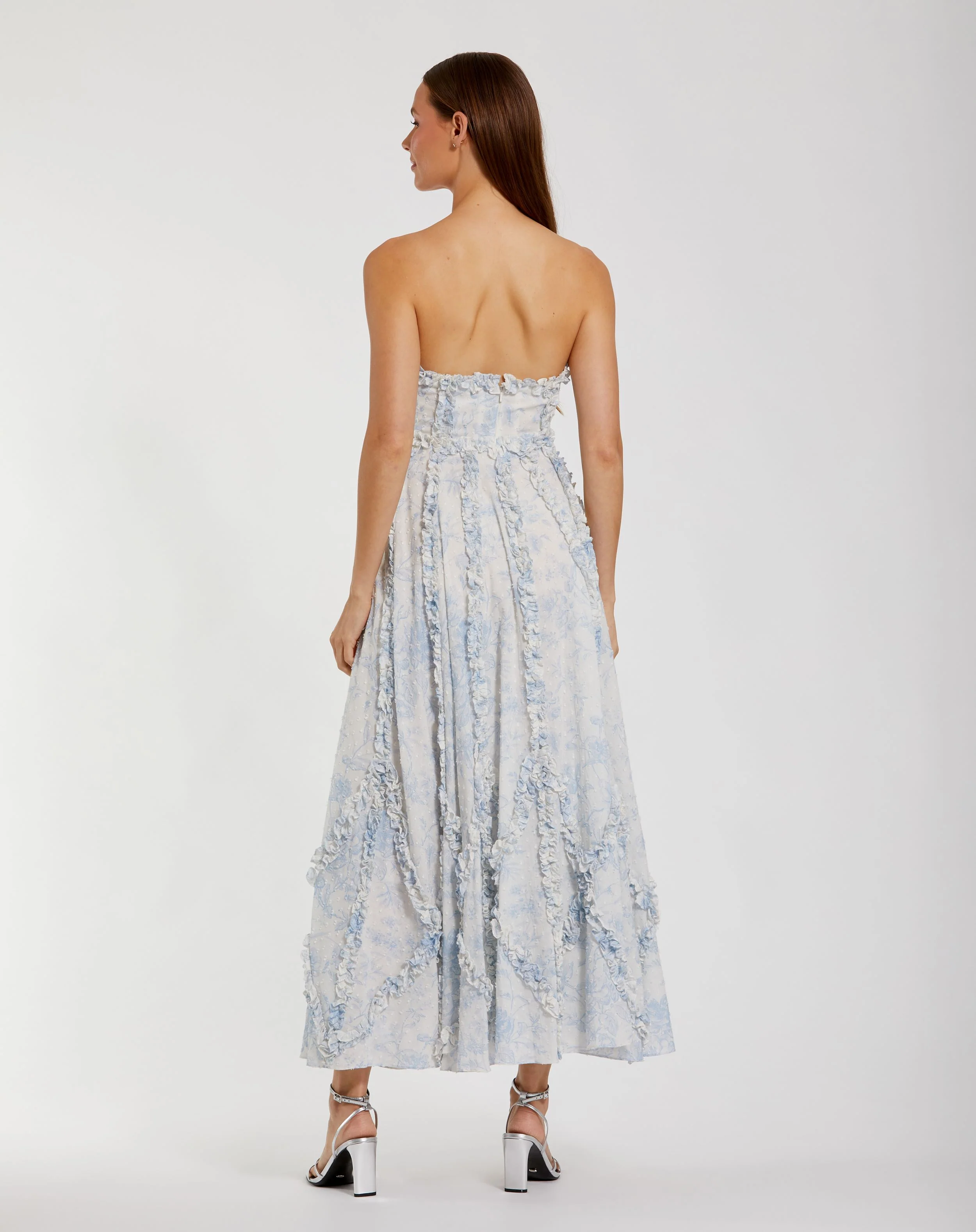 Blue and White Strapless Ruffle Floral Cotton Dress
