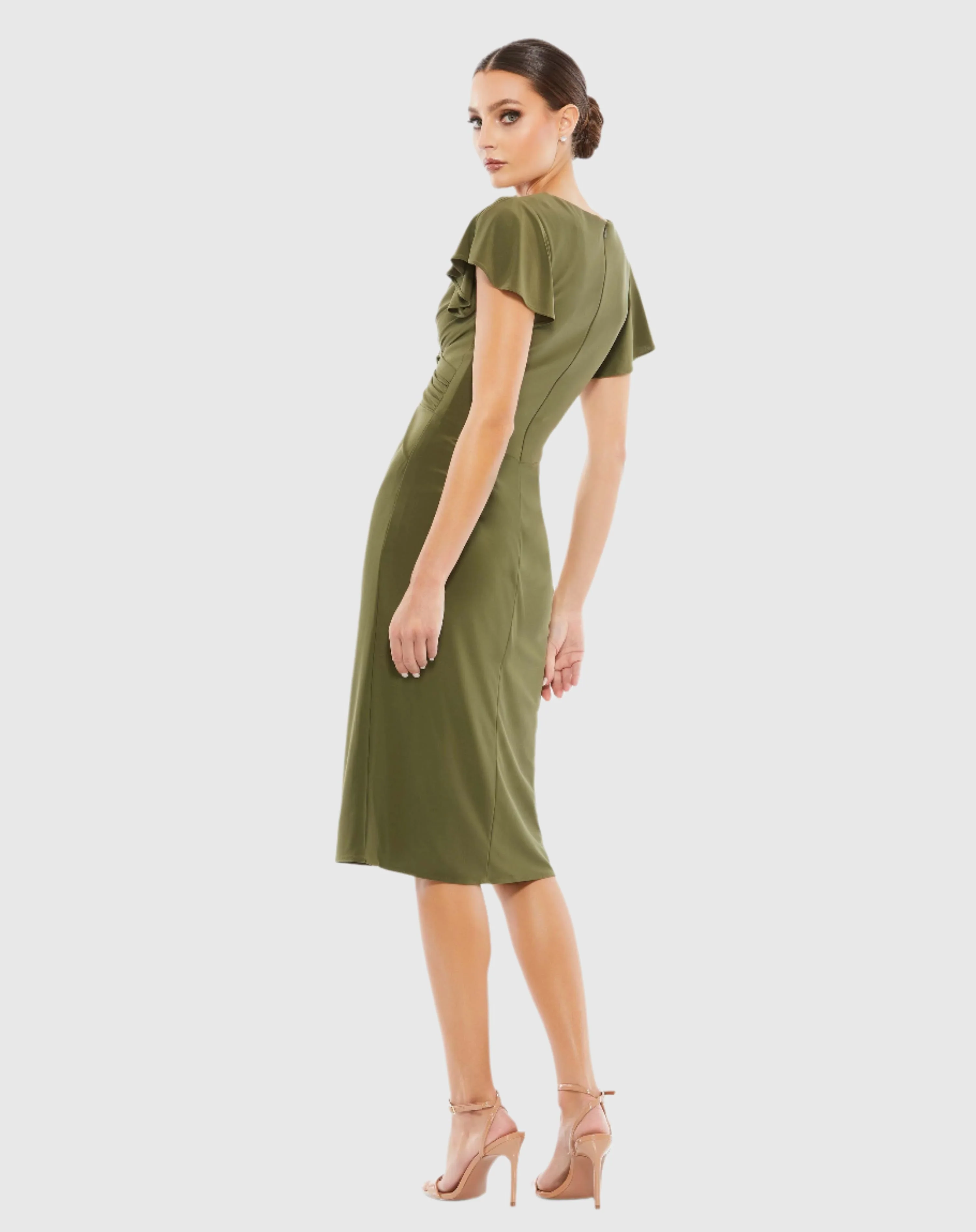 Dark Green Flounce Sleeve Midi Dress