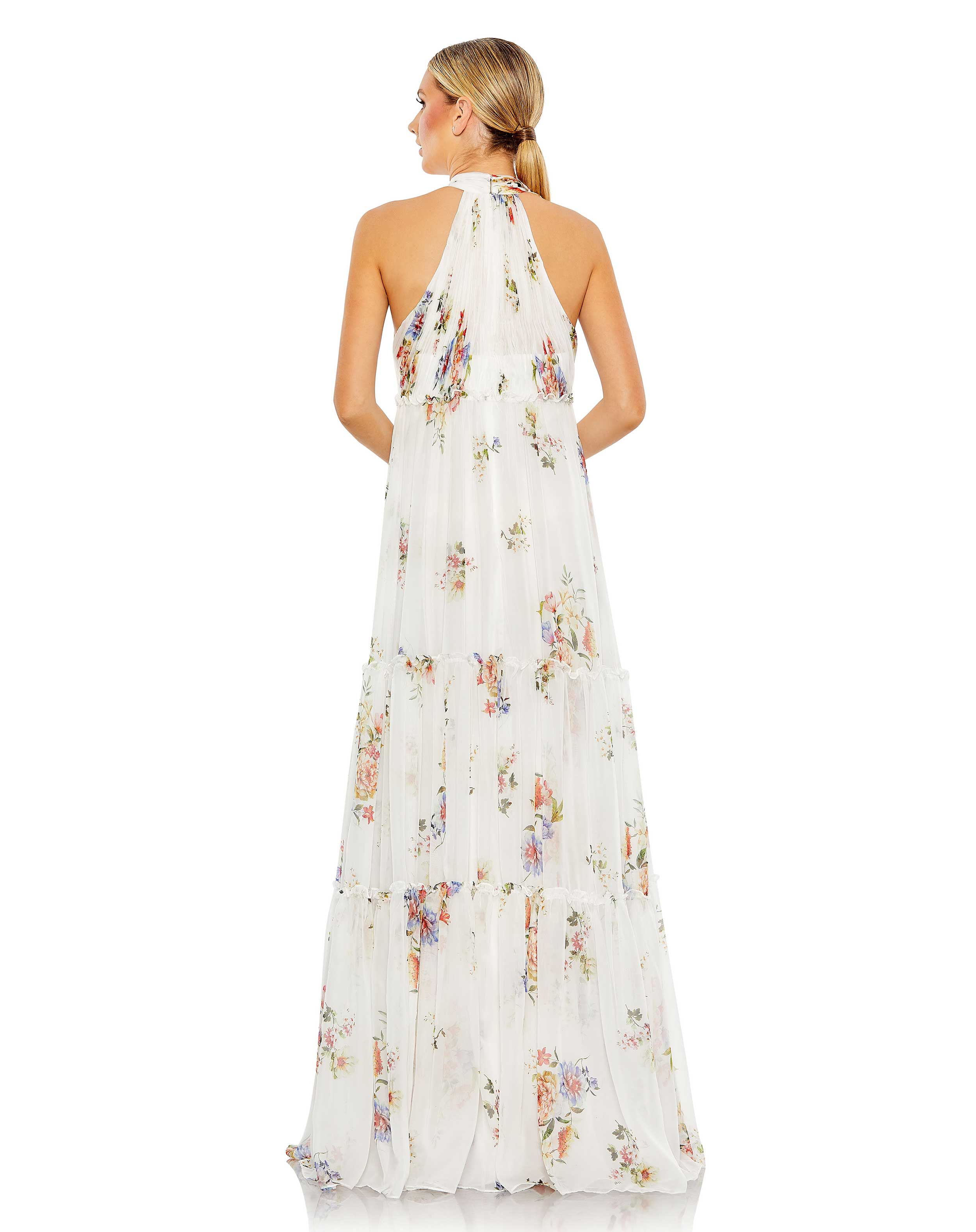 White Floral Print Ruched Tiered High Neck Bow Gown