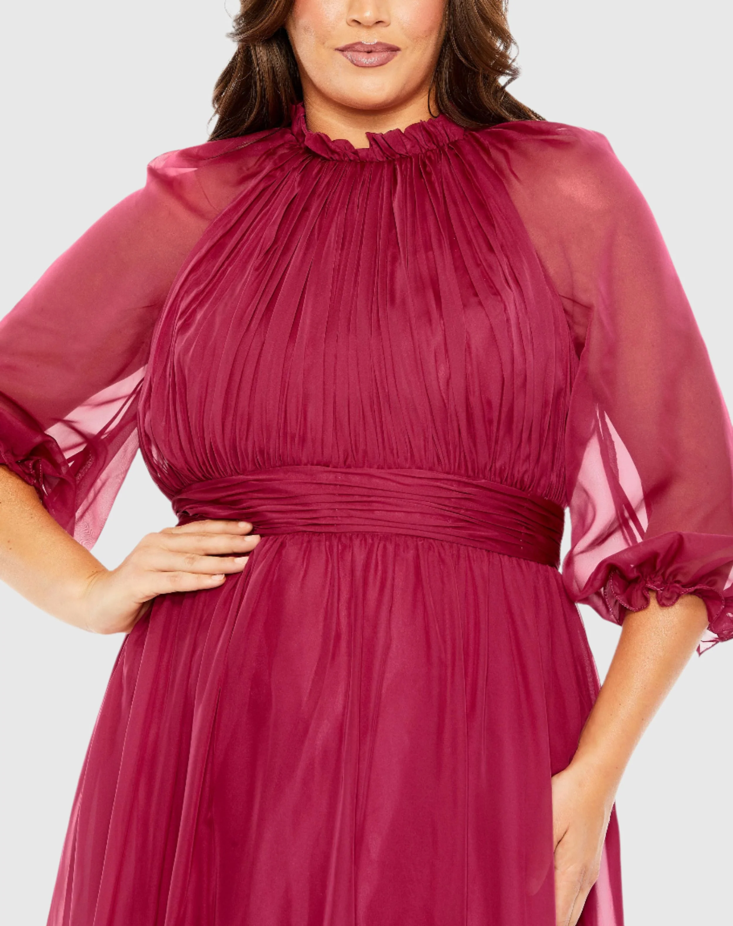 Purple High Neck Puff Sleeve Tiered A Line Gown