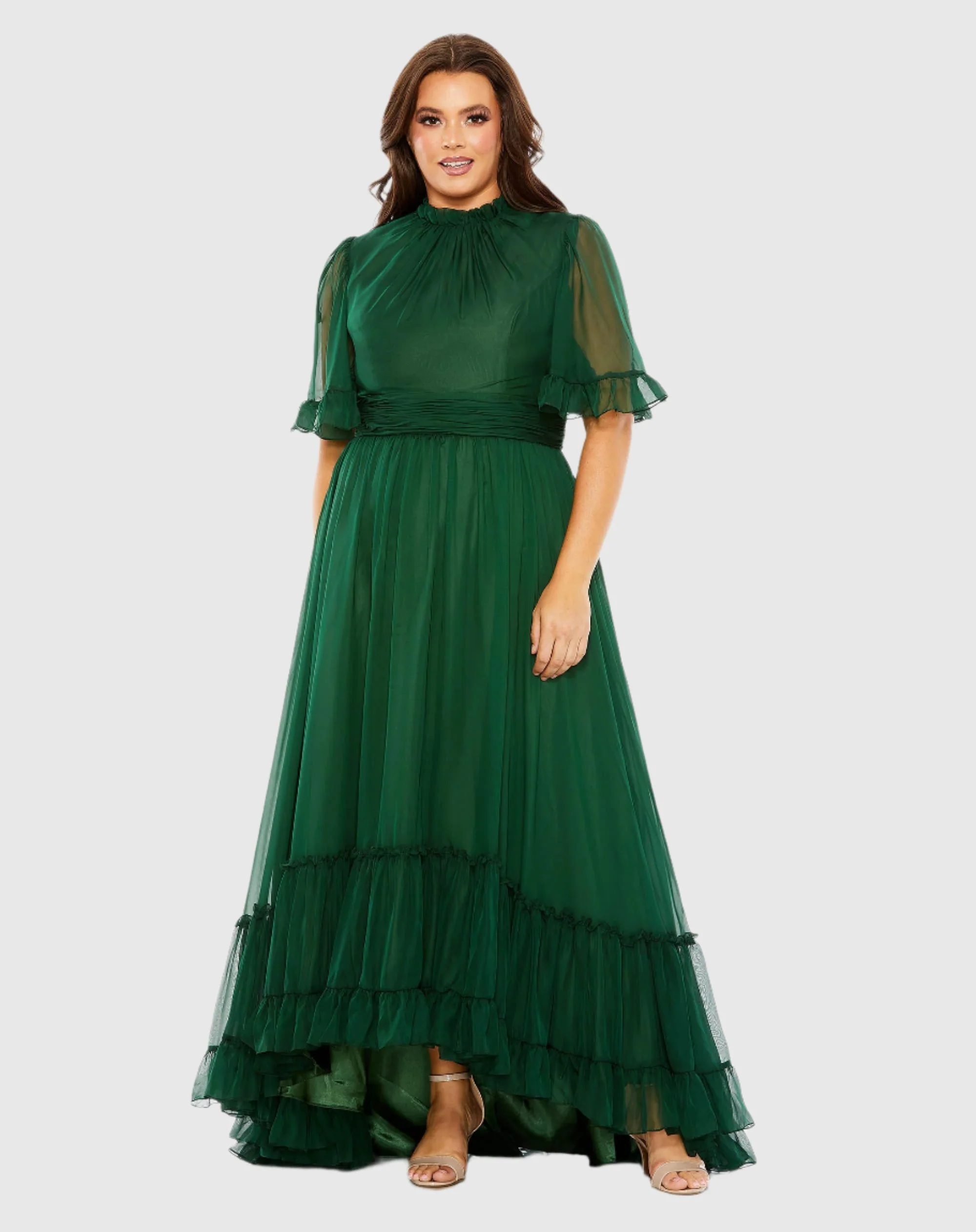 Green Ruffle Tiered High Low Flutter Sleeve Gown