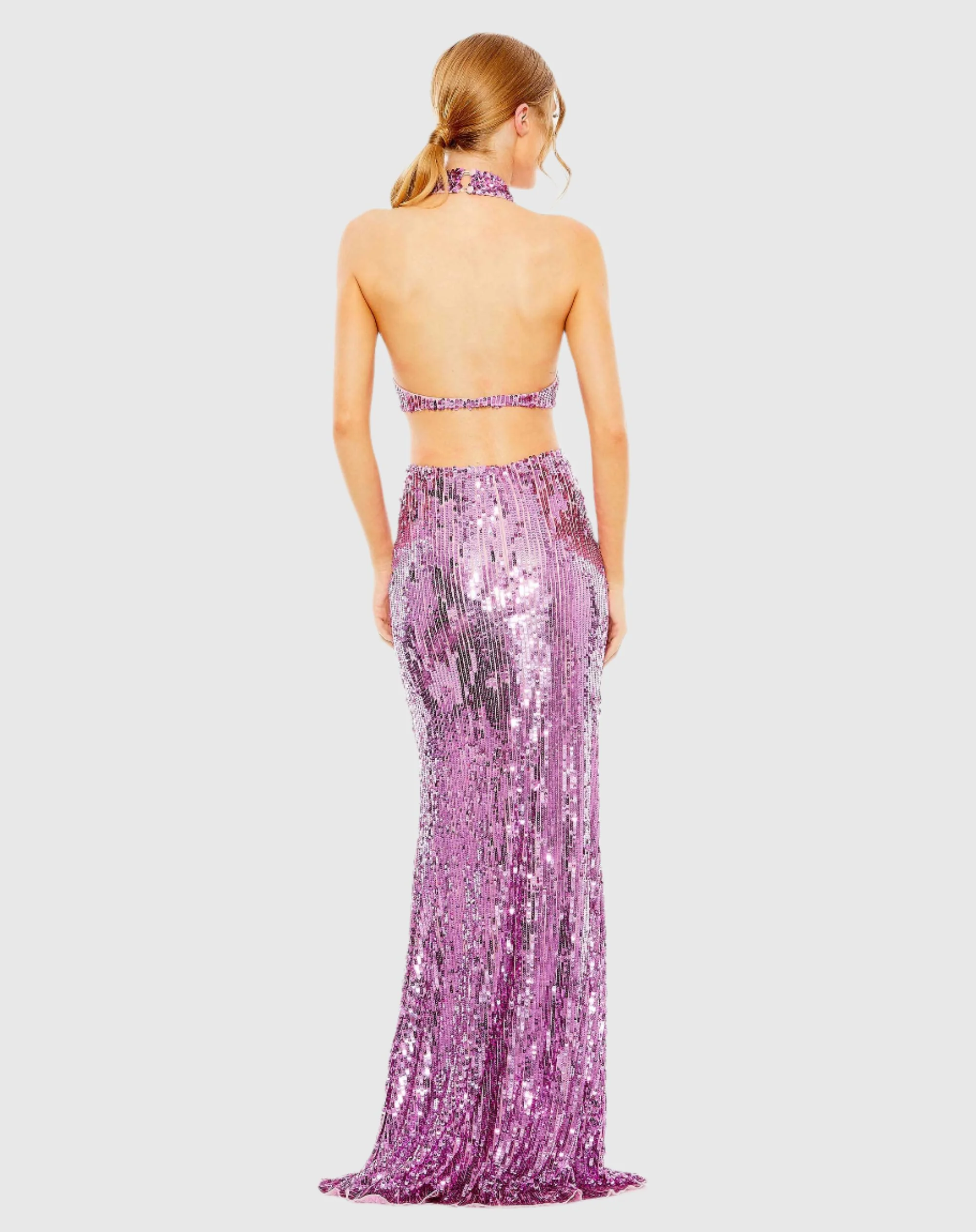 Purple Open Back High Neck Sequin Gown