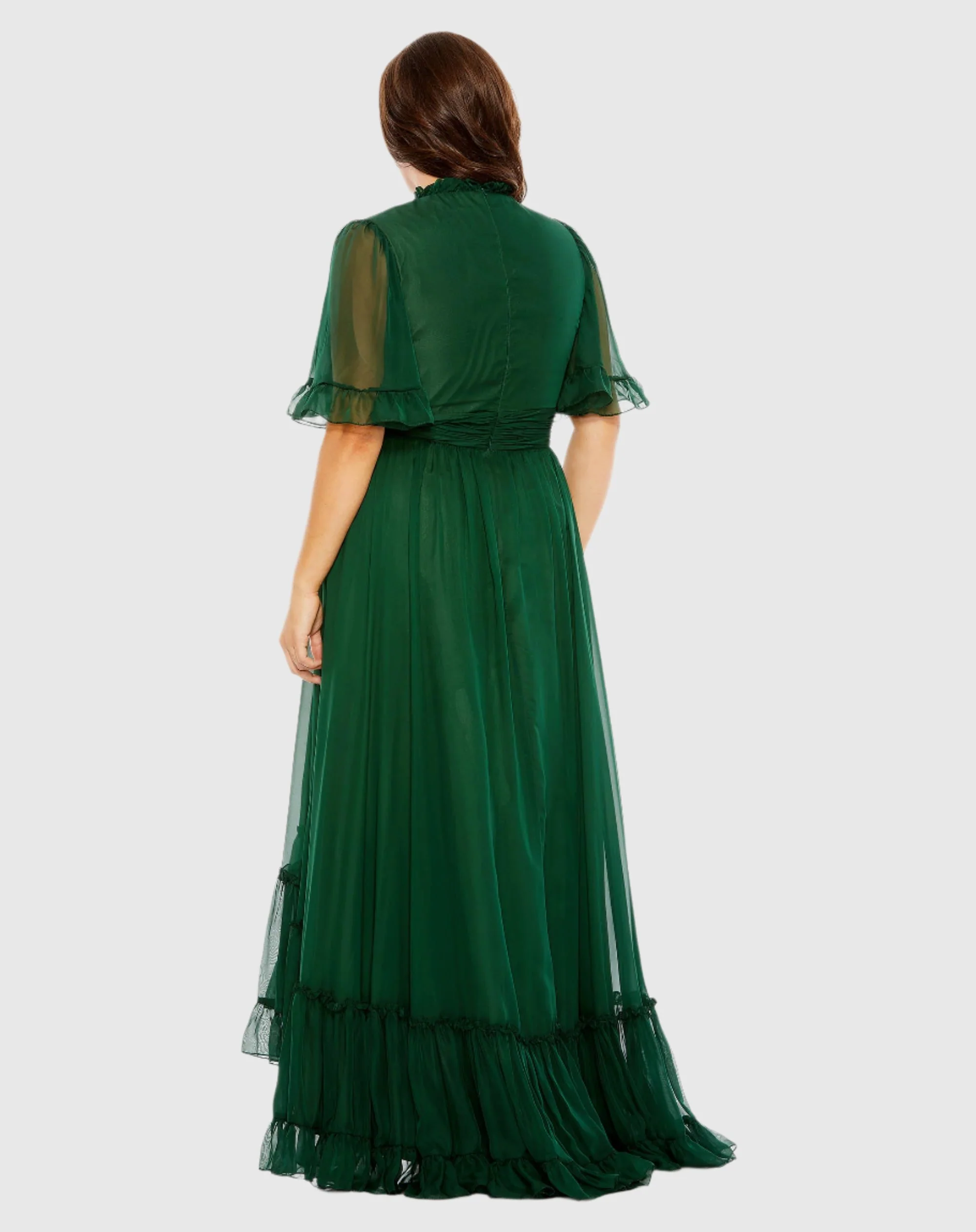 Green Ruffle Tiered High Low Flutter Sleeve Gown