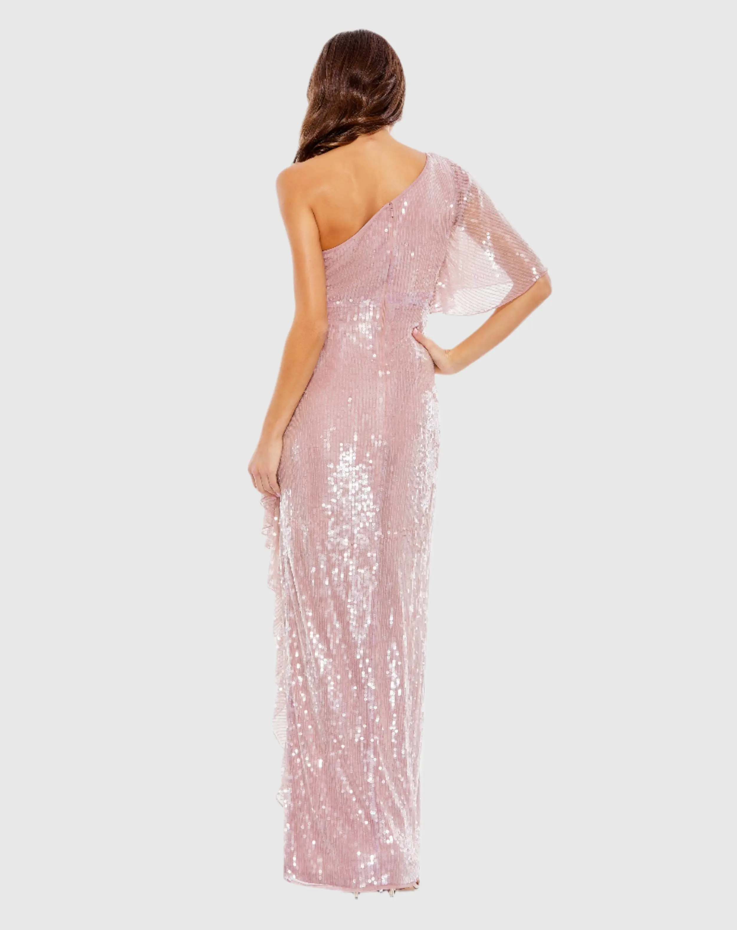 Pink Sequined Flutter Sleeve One Shoulder Draped Gown