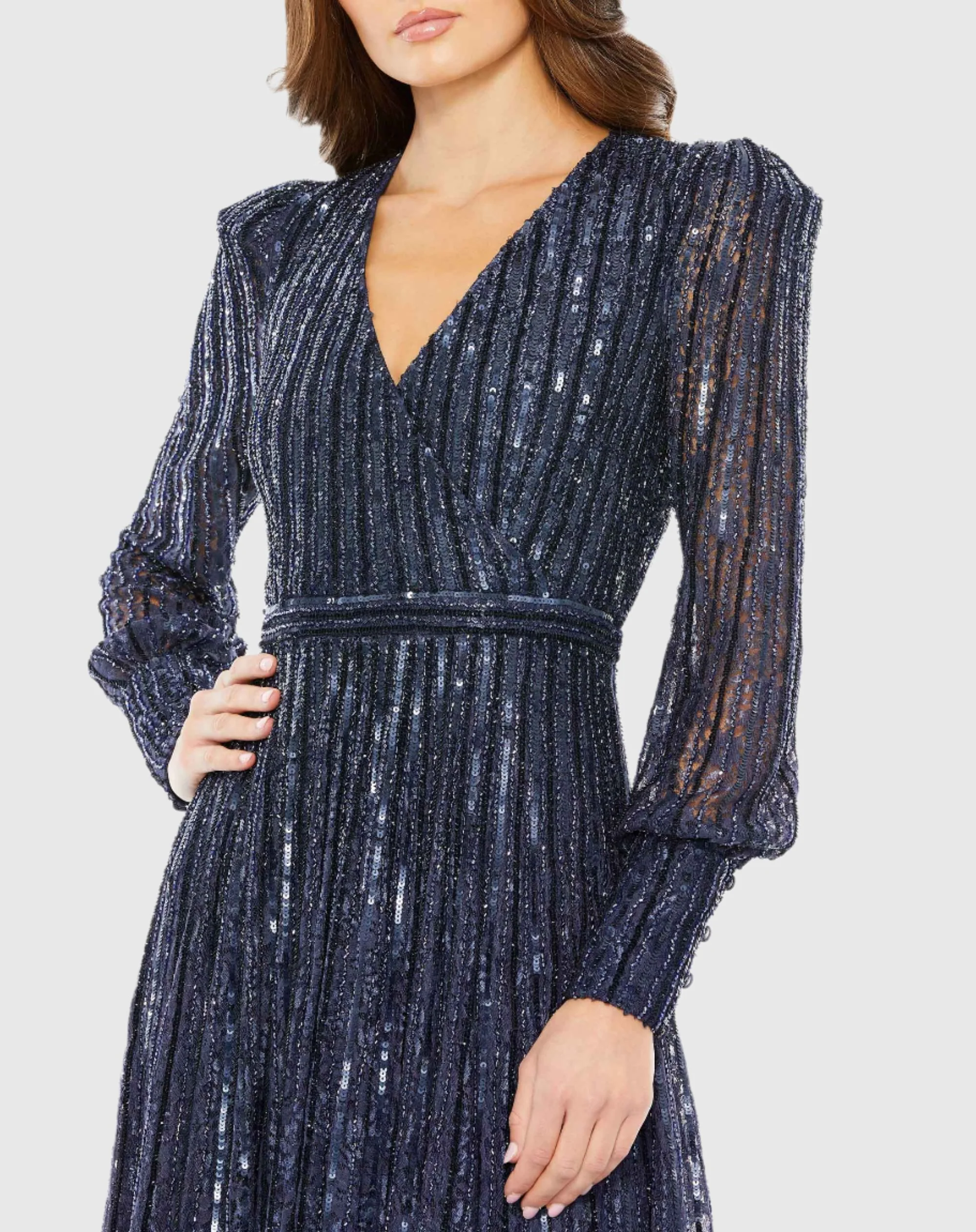 Blue Beaded Lace Long Sleeve Wrap Over Gown
