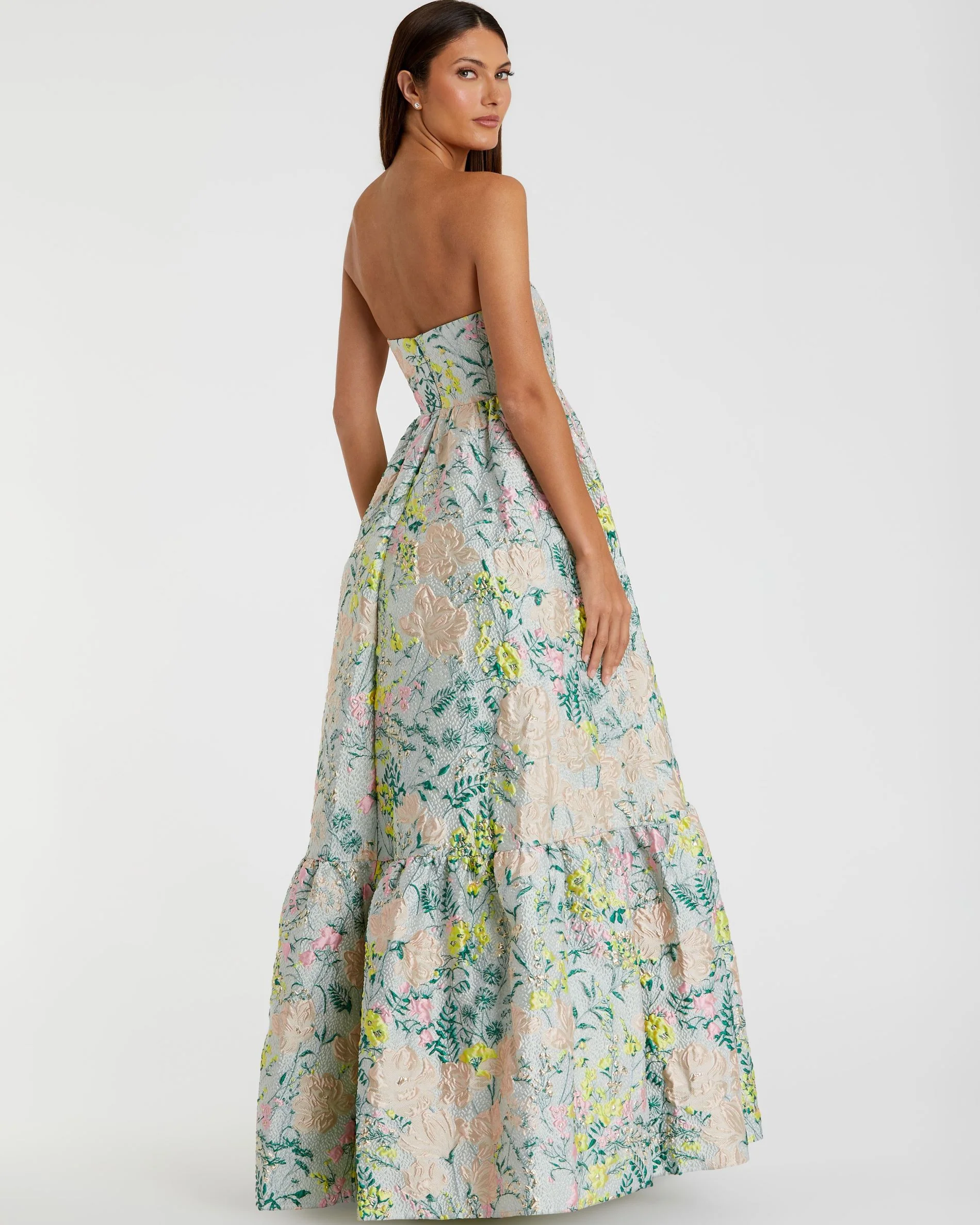 Multicolor Floral Brocade Strapless A Line Gown