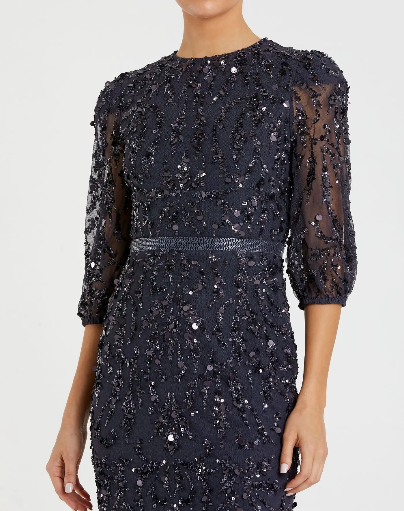 Navy Elbow Length Sleeve Embellished Gown
