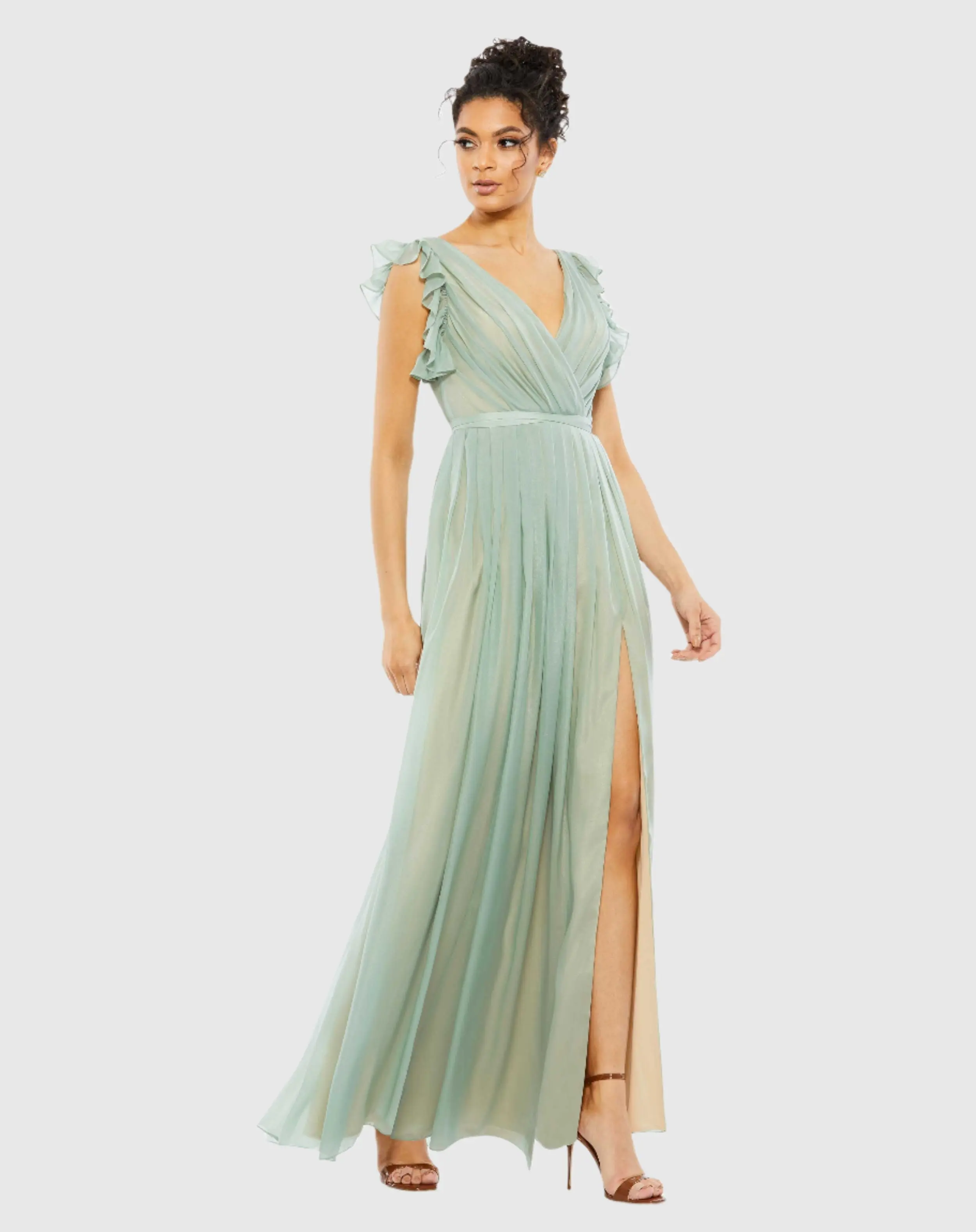 Green Flowy V Neck Ruffled Cap Sleeve Gown