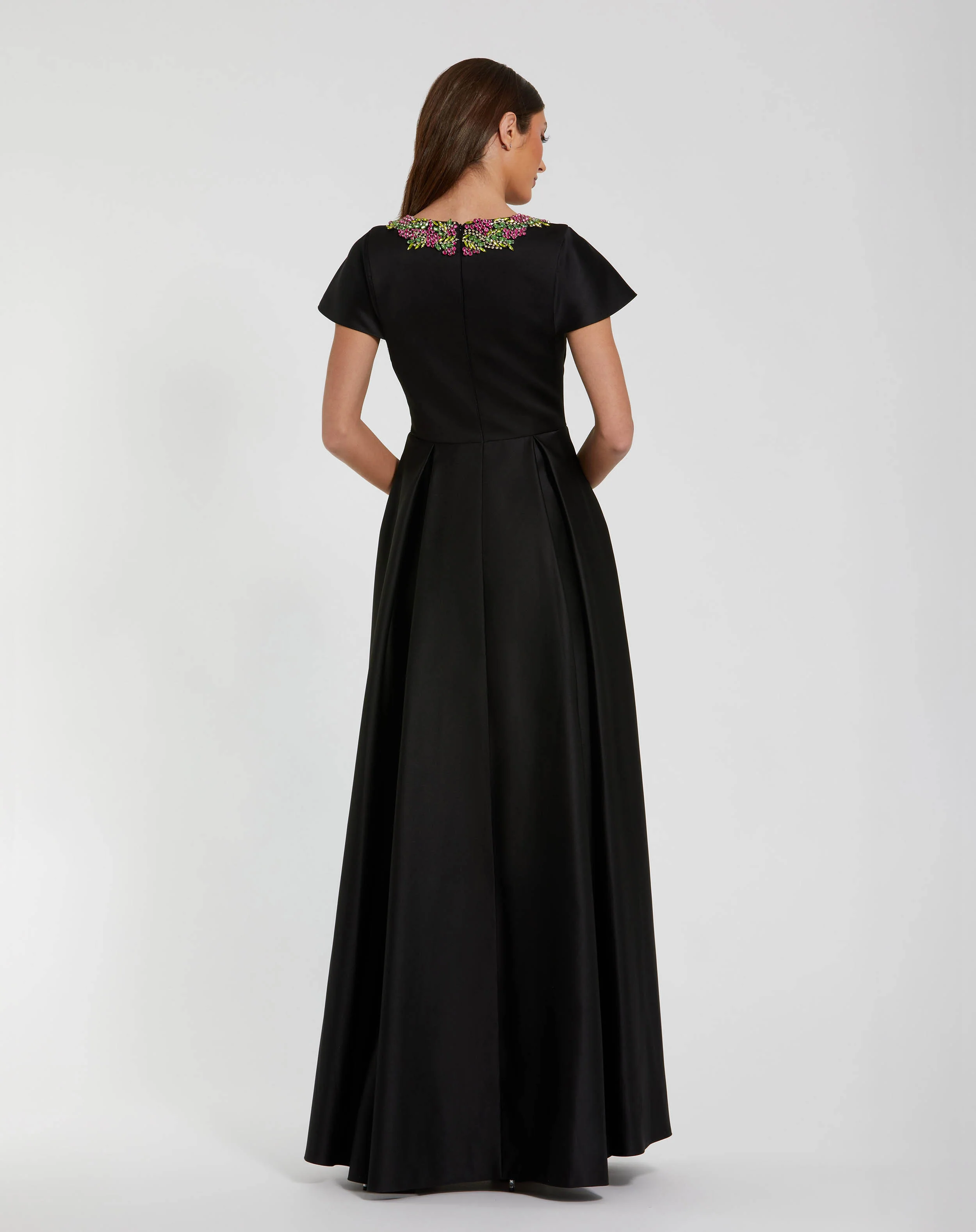 Black Satin Flutter Sleeve Gown With Neckline Beading