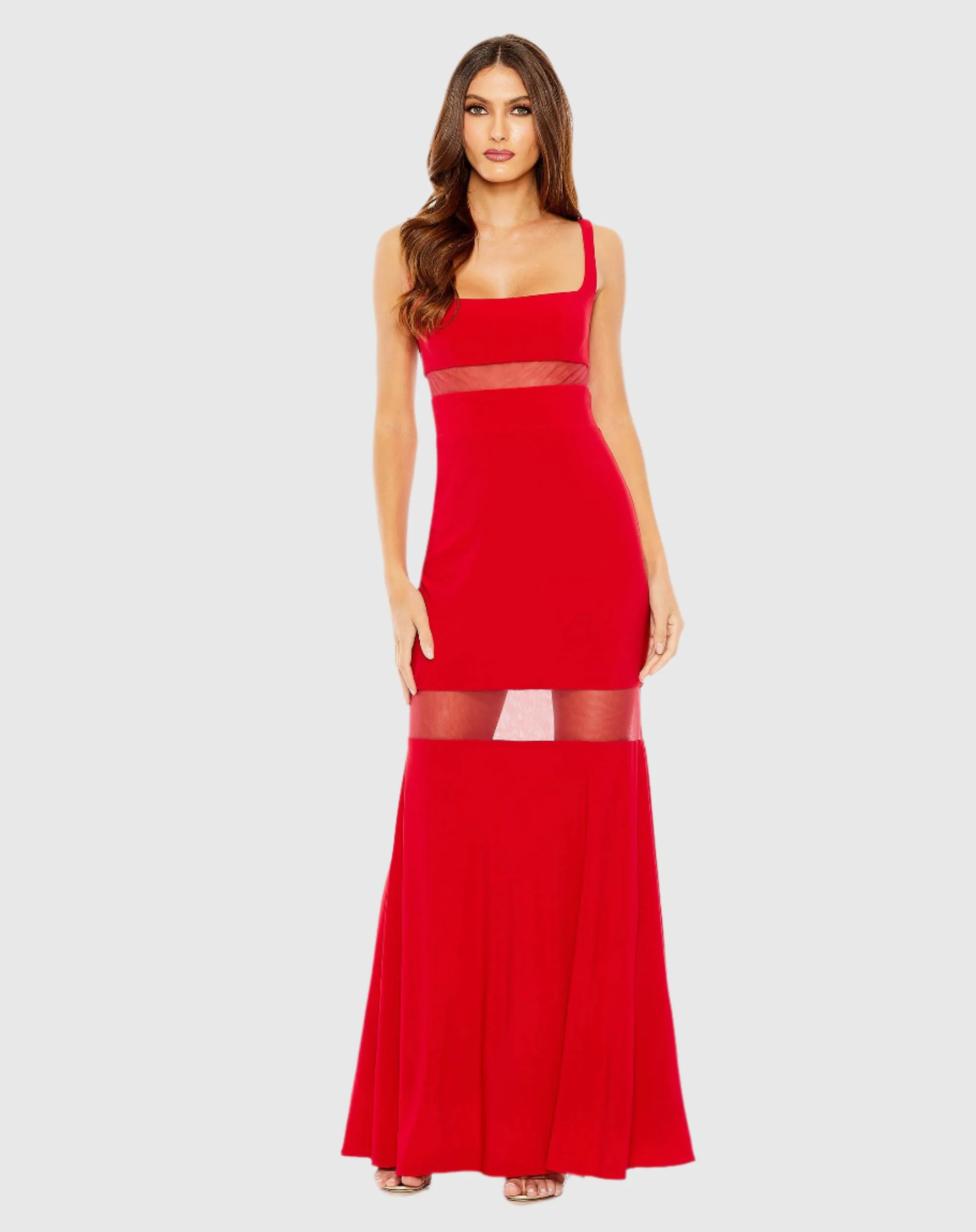Red Sheer Mesh Panel Detail Column Gown