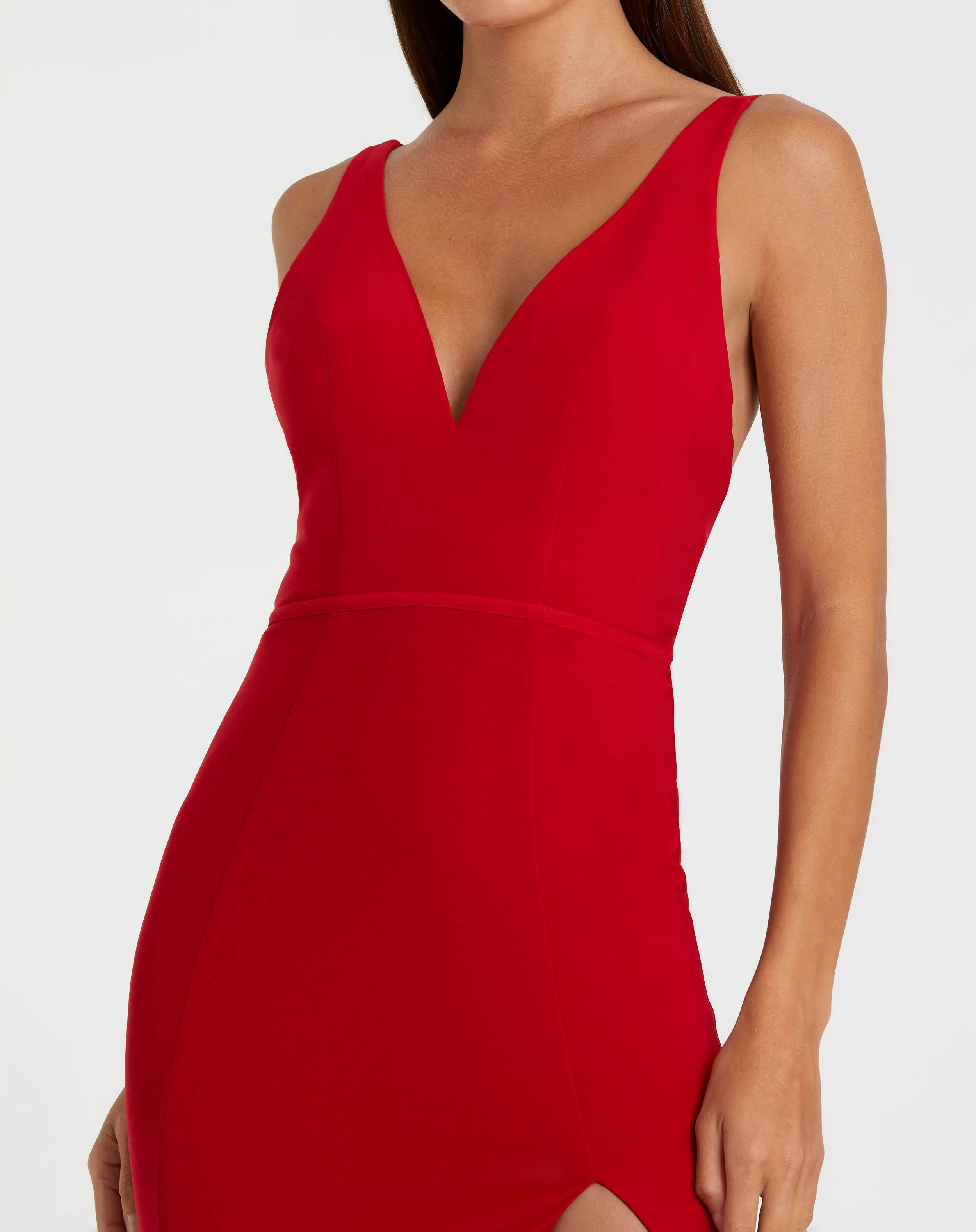 Red Plunge Neck High Slit Gown
