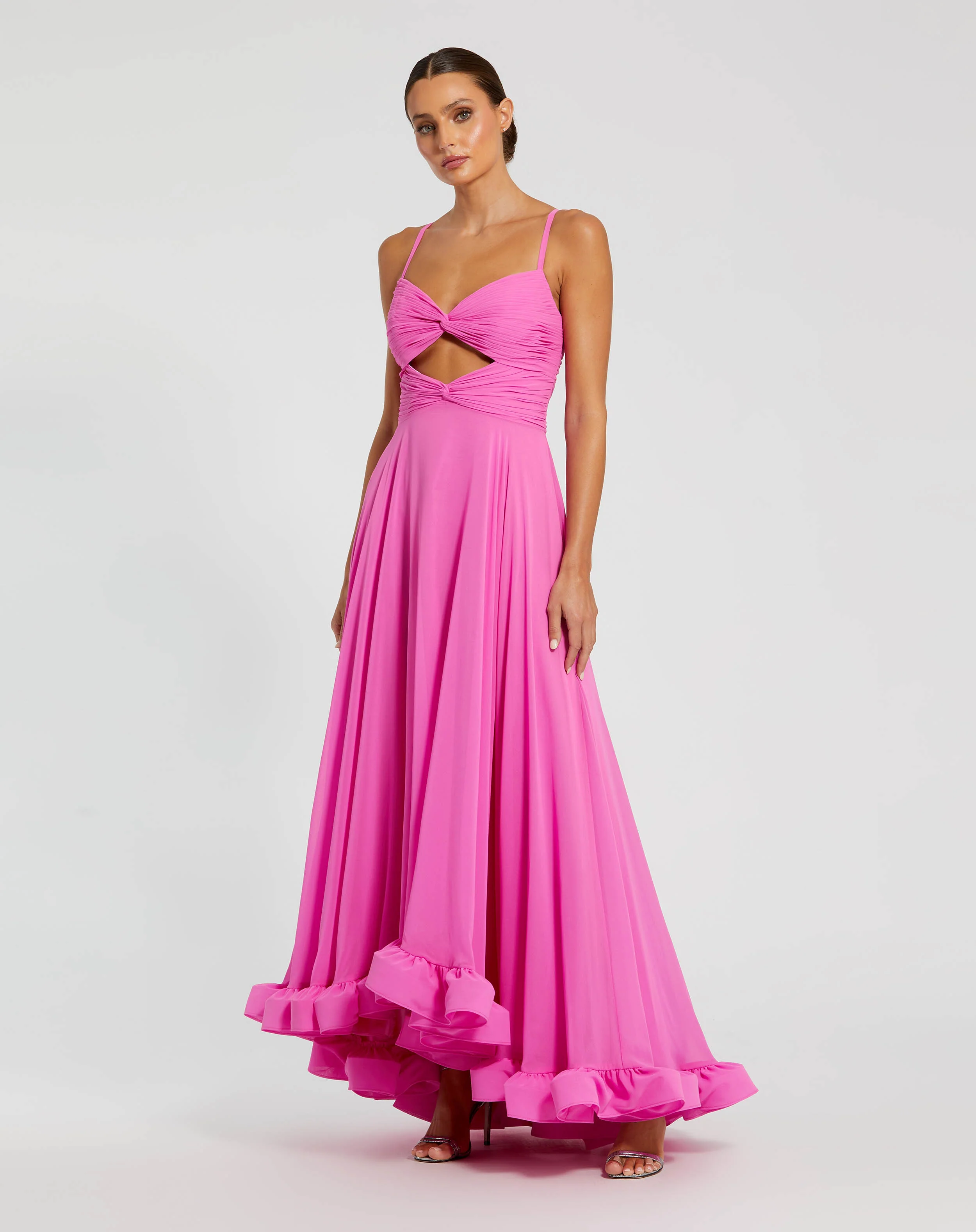 Pink Spaghetti Strap Chiffon Sweetheart High Low Gown