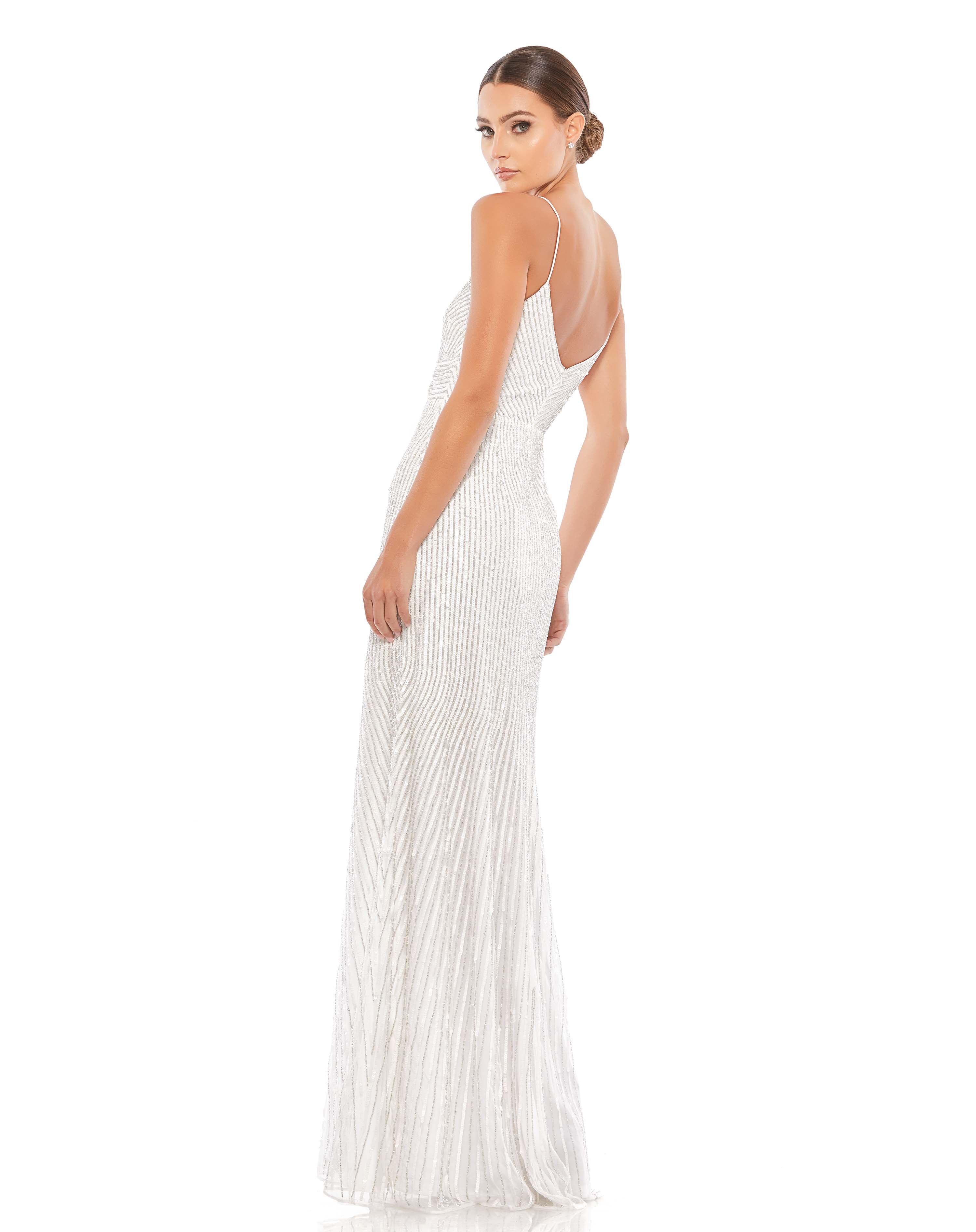 White Sequin Spaghetti Strap Gown