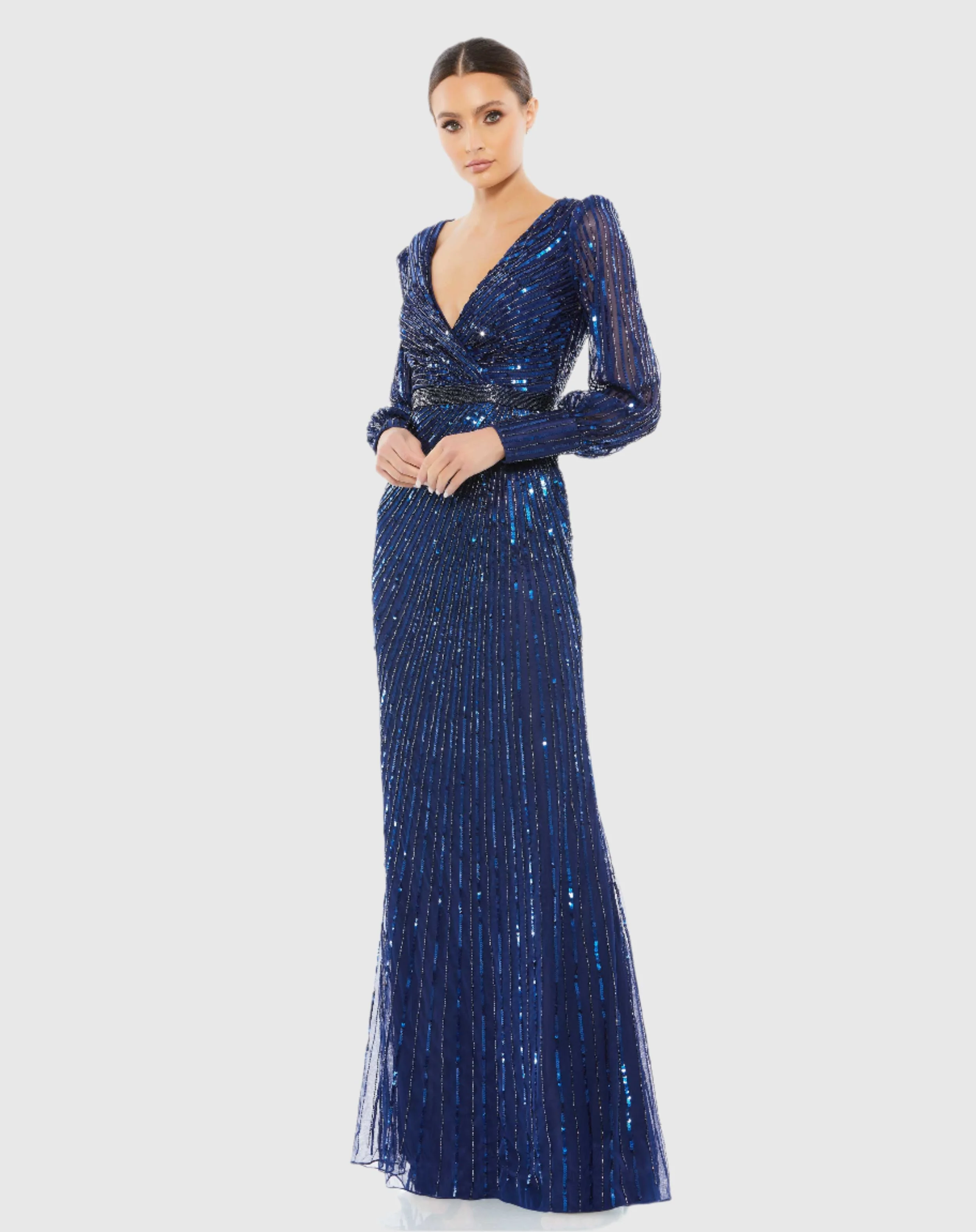 Navy Sequined Wrap Over Bishop Sleeve Gown