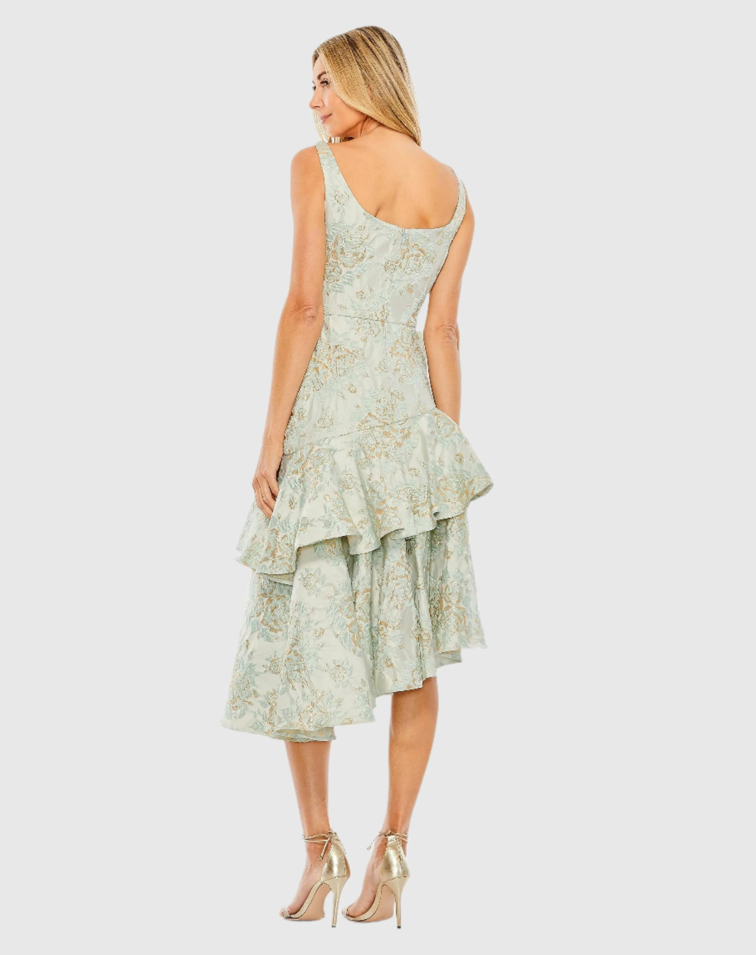 Green Rose Detail Asymmetrical Brocade Dress