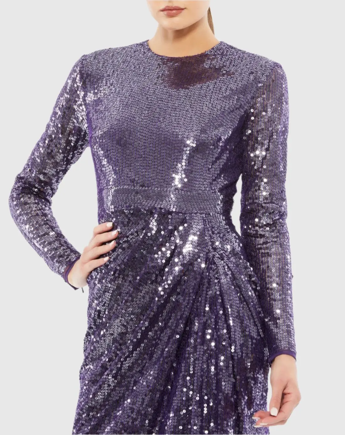 Purple Sequined High Neck Long Sleeve Draped Gown