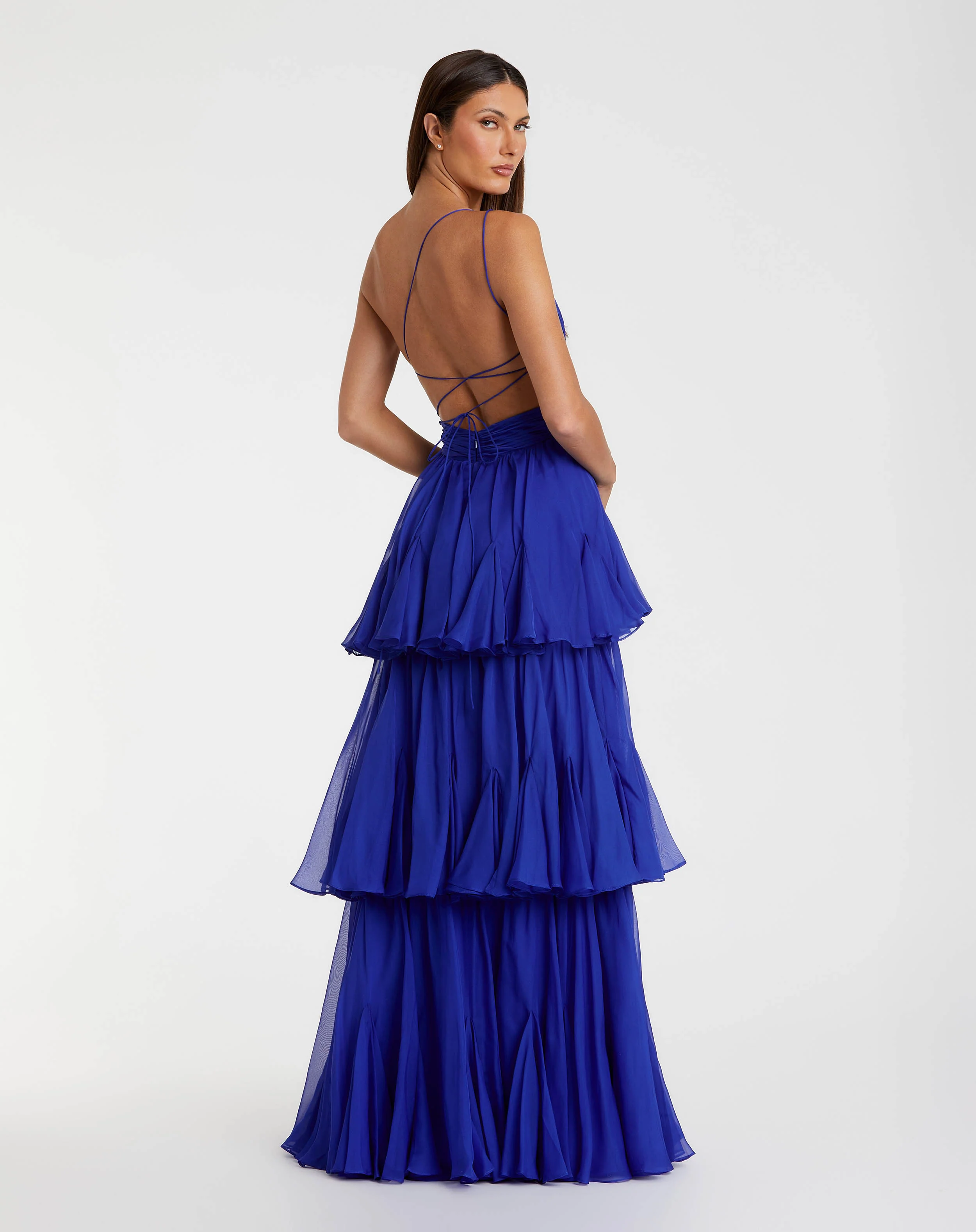 Blue One Shoulder Tiered Chiffon Gown