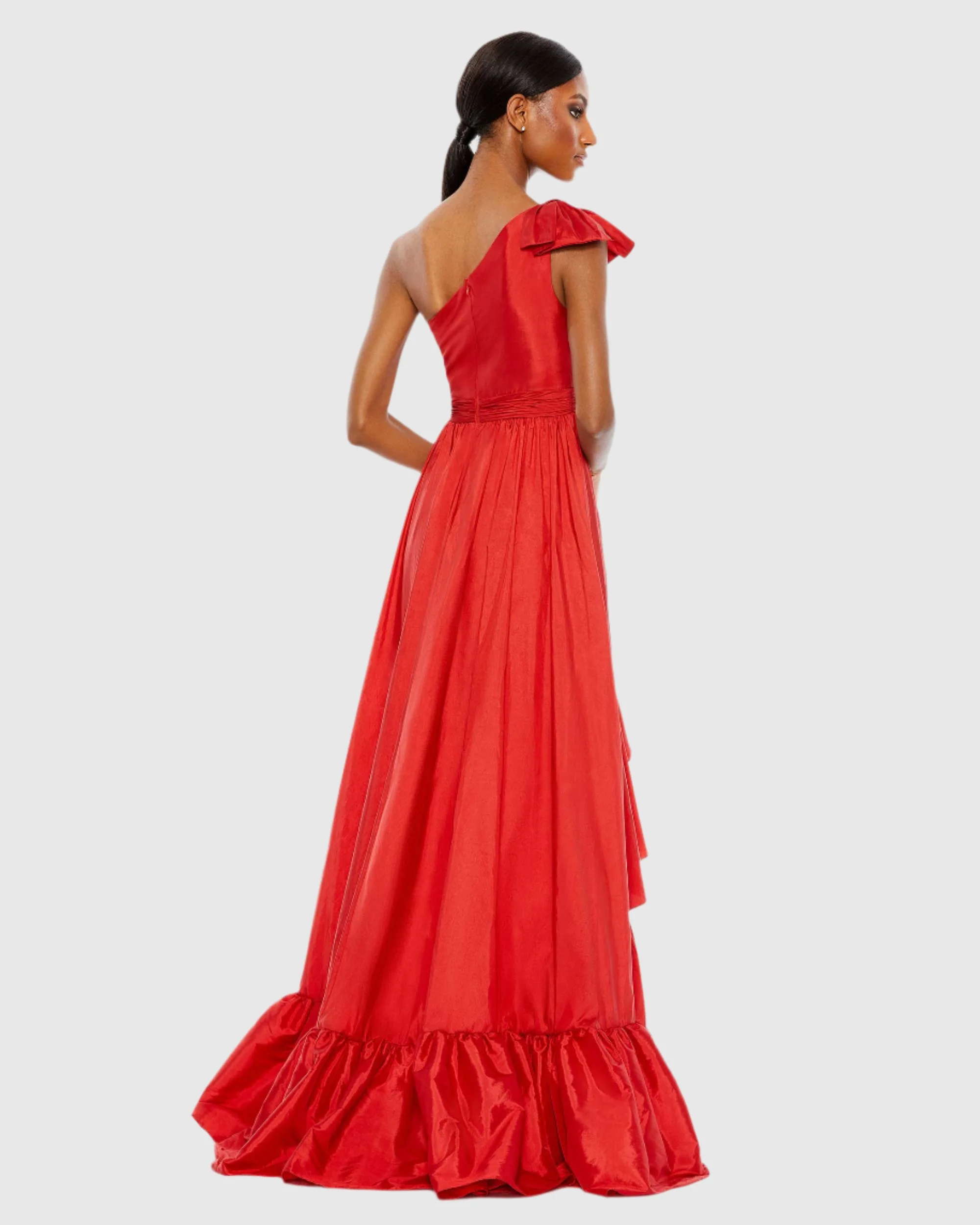 Red Bow One Shoulder Ruffle Asymmetrical Hem Gown