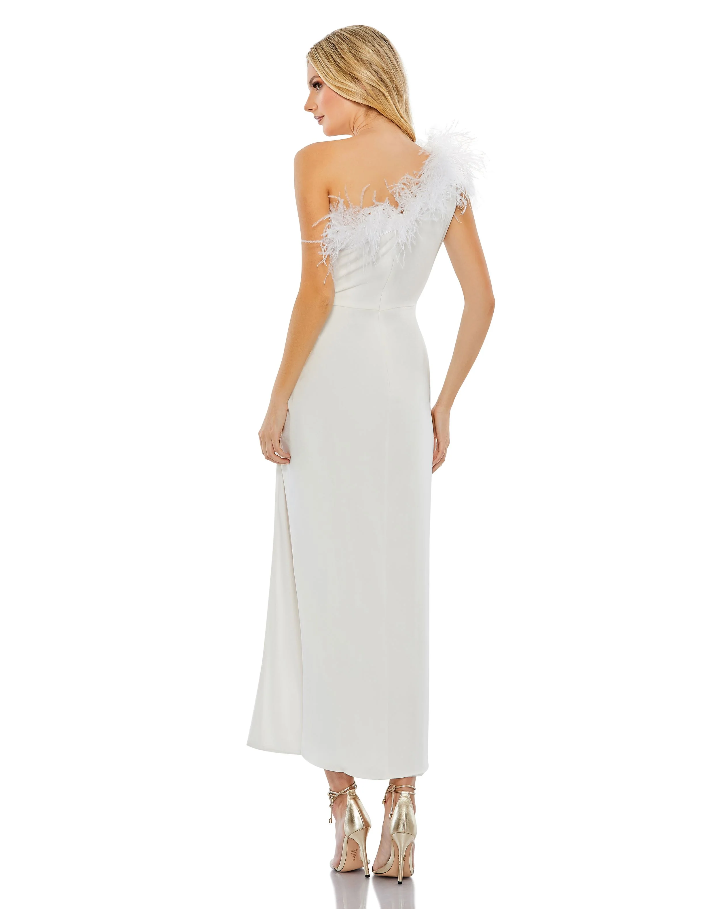 White Feather Trim One Shoulder Draped Dress