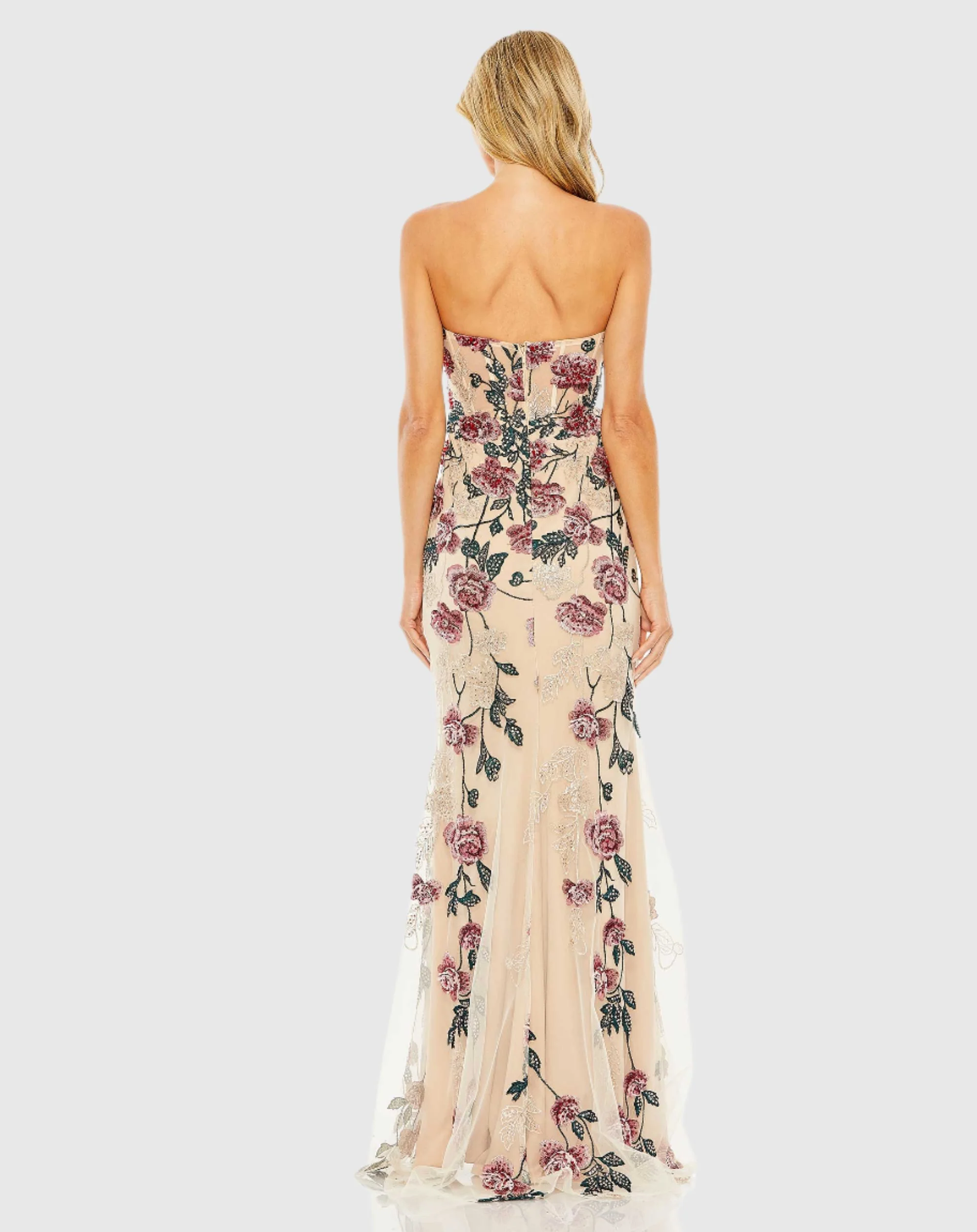 Beige Strapless Floral Embroidered Gown