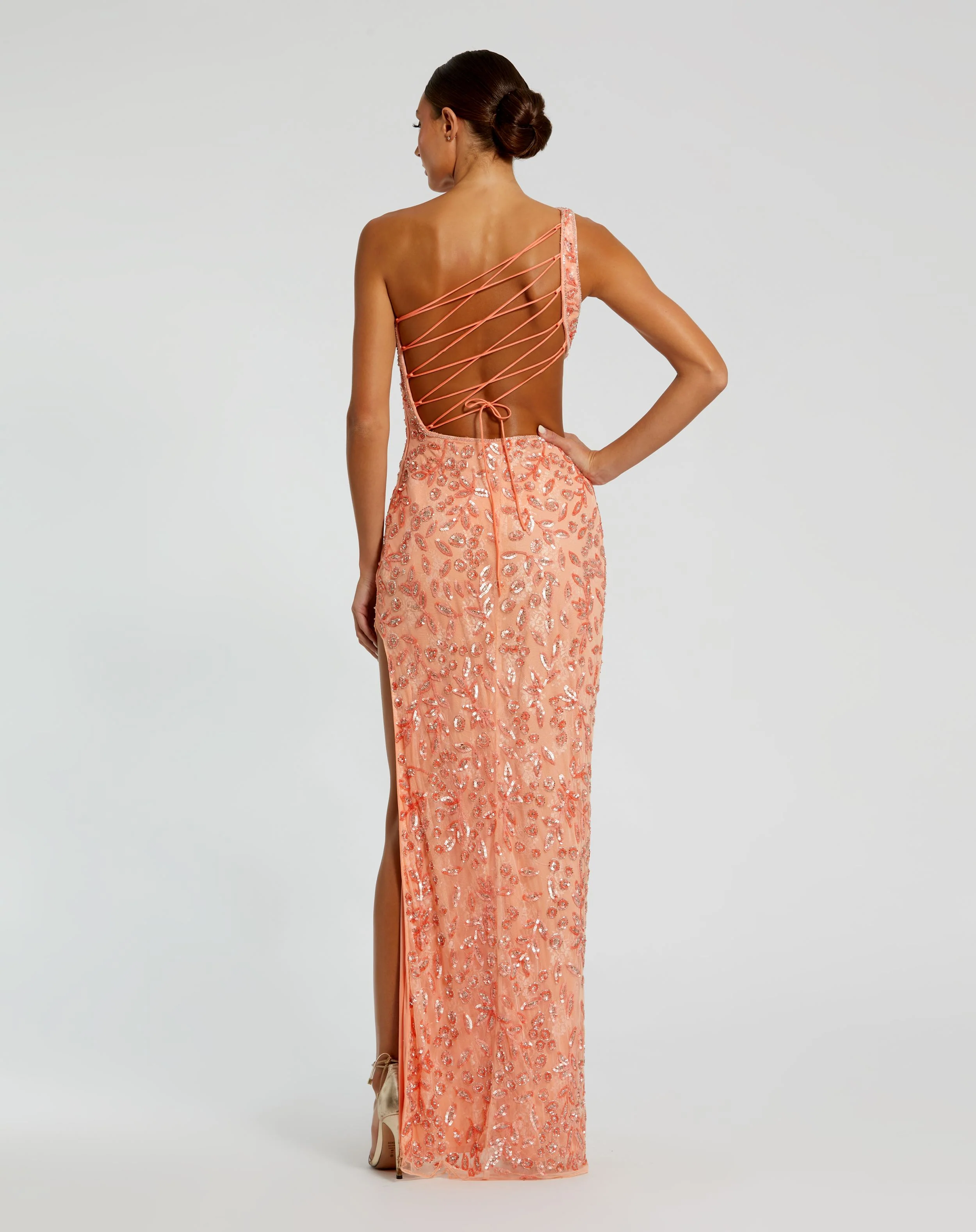 Pink One Shoulder Embellished Gown With Slit