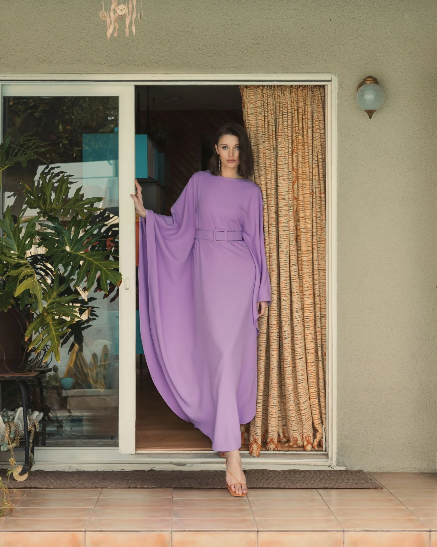 Purple Crepe Boat Neck Caftan Dress With Belt