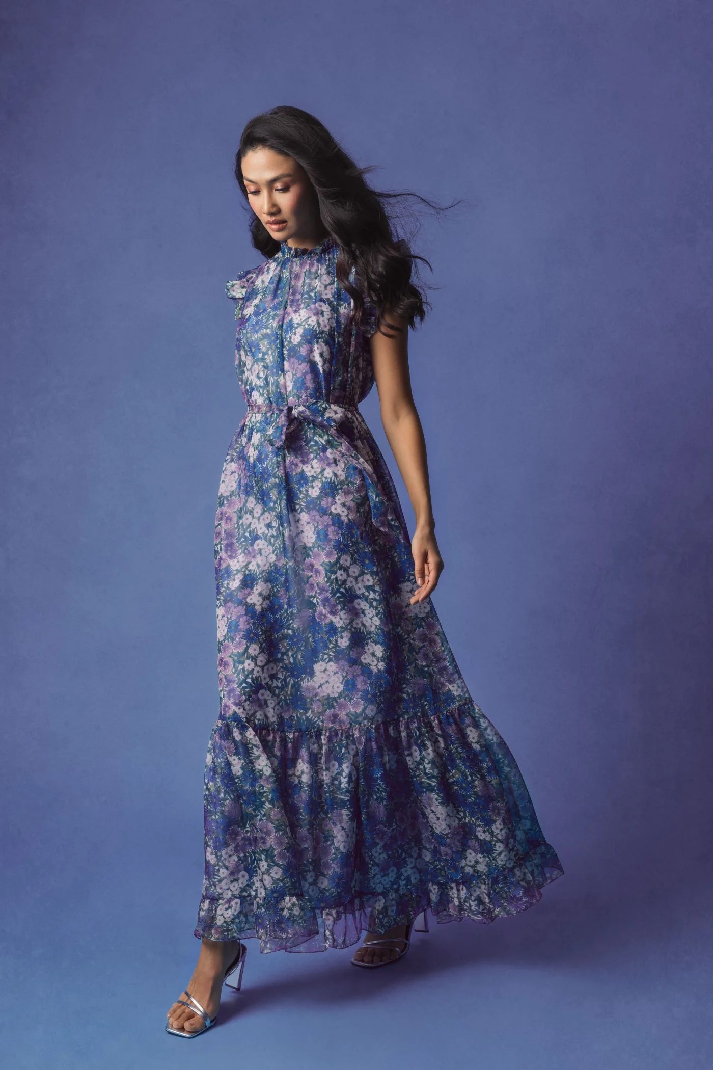 Purple Printed Chiffon Ruffle Sleeve Gown With Bow Belt