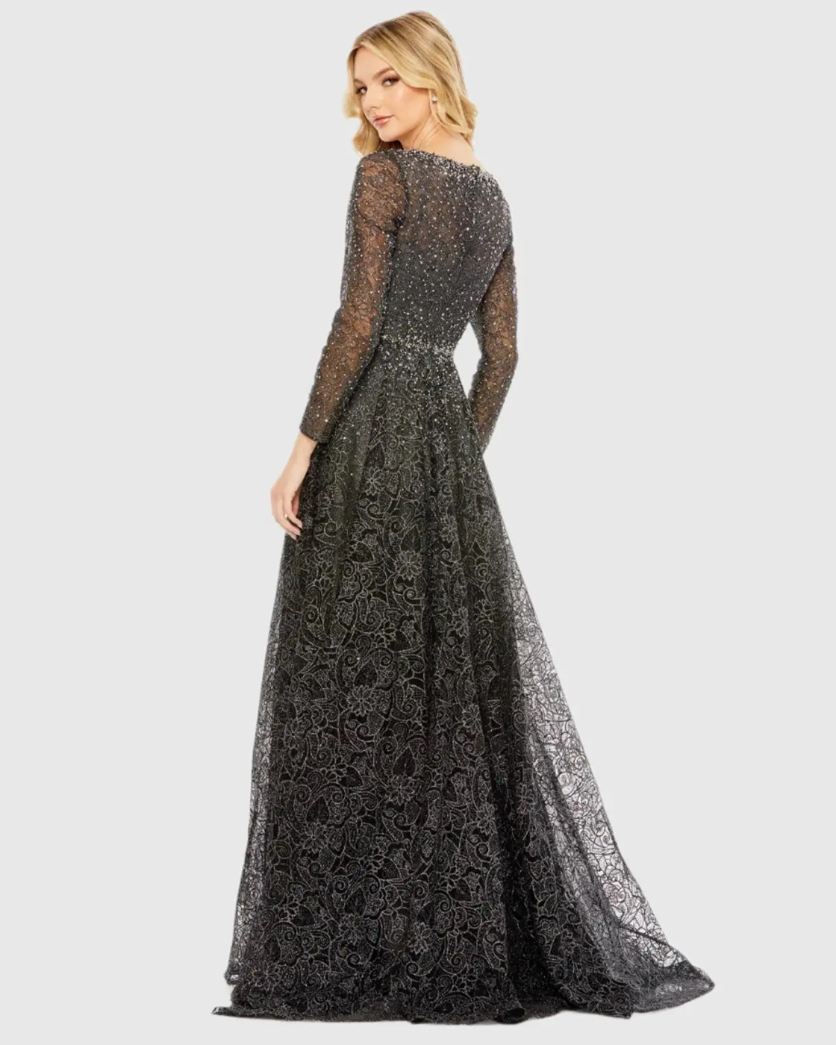 Gray Embellished Illusion Long Sleeve V Neck Gown