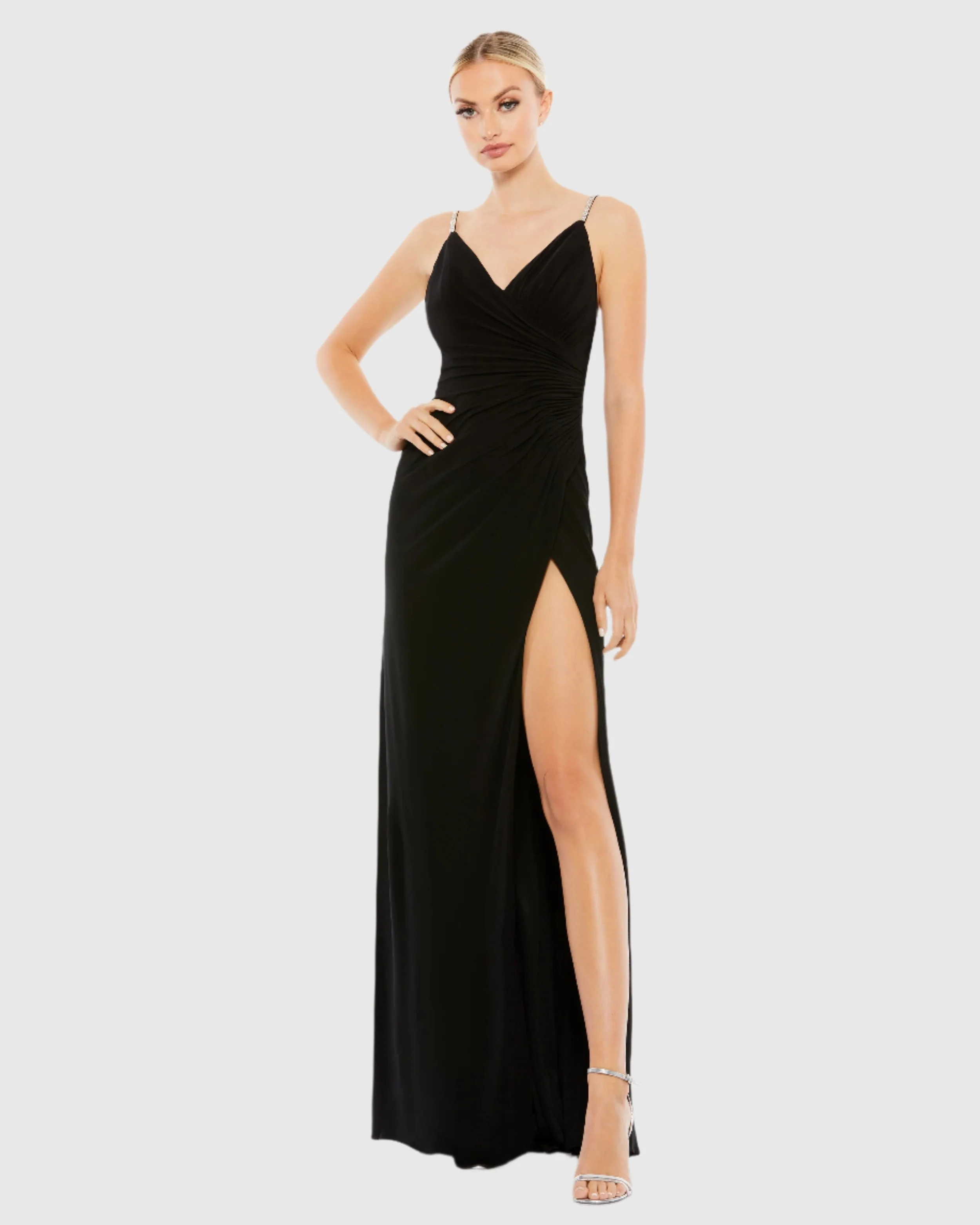 Black Faux Wrap V Neck Open Back Gown - FINAL SALE