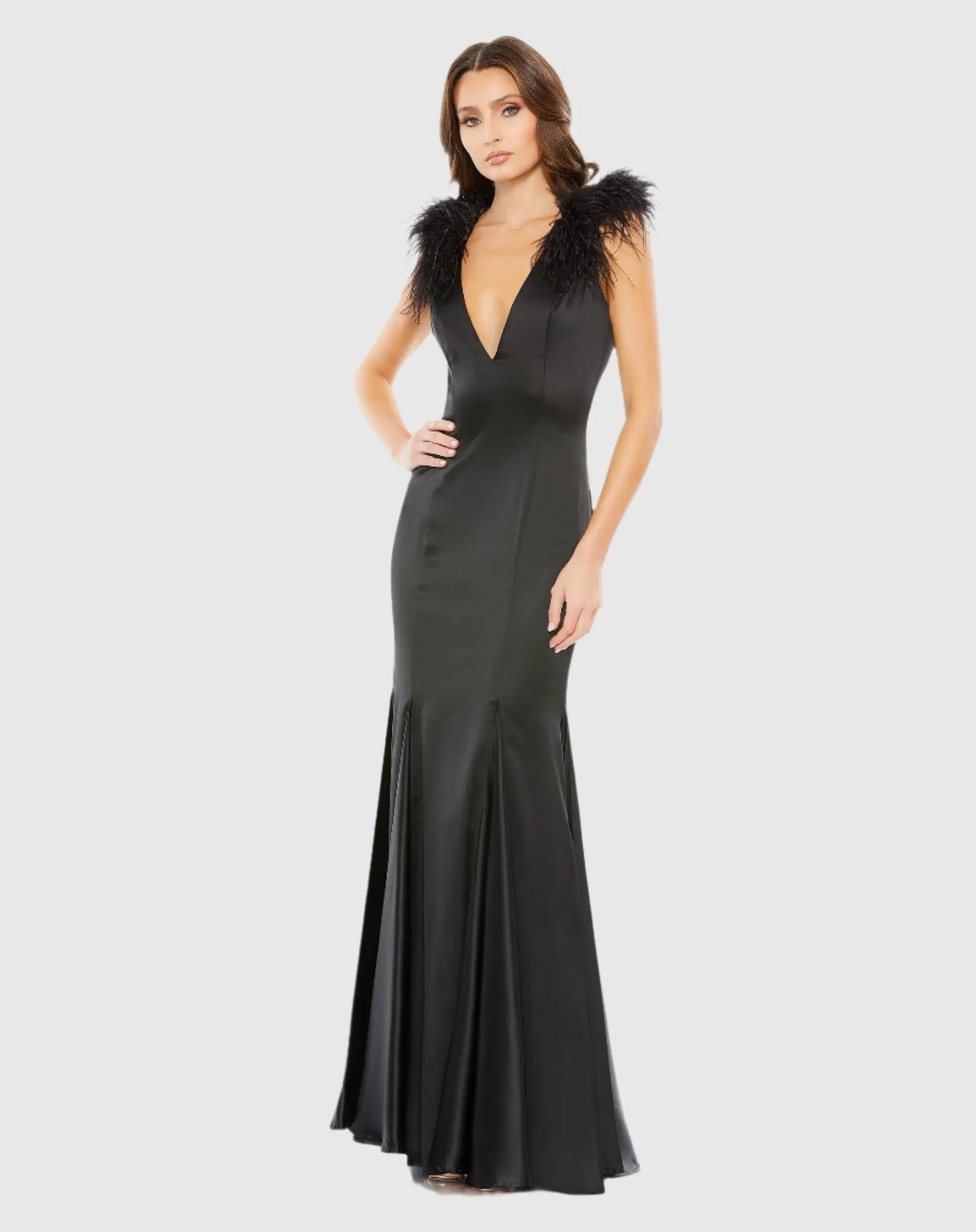 Black Feather Shoulder V-Neck Gown