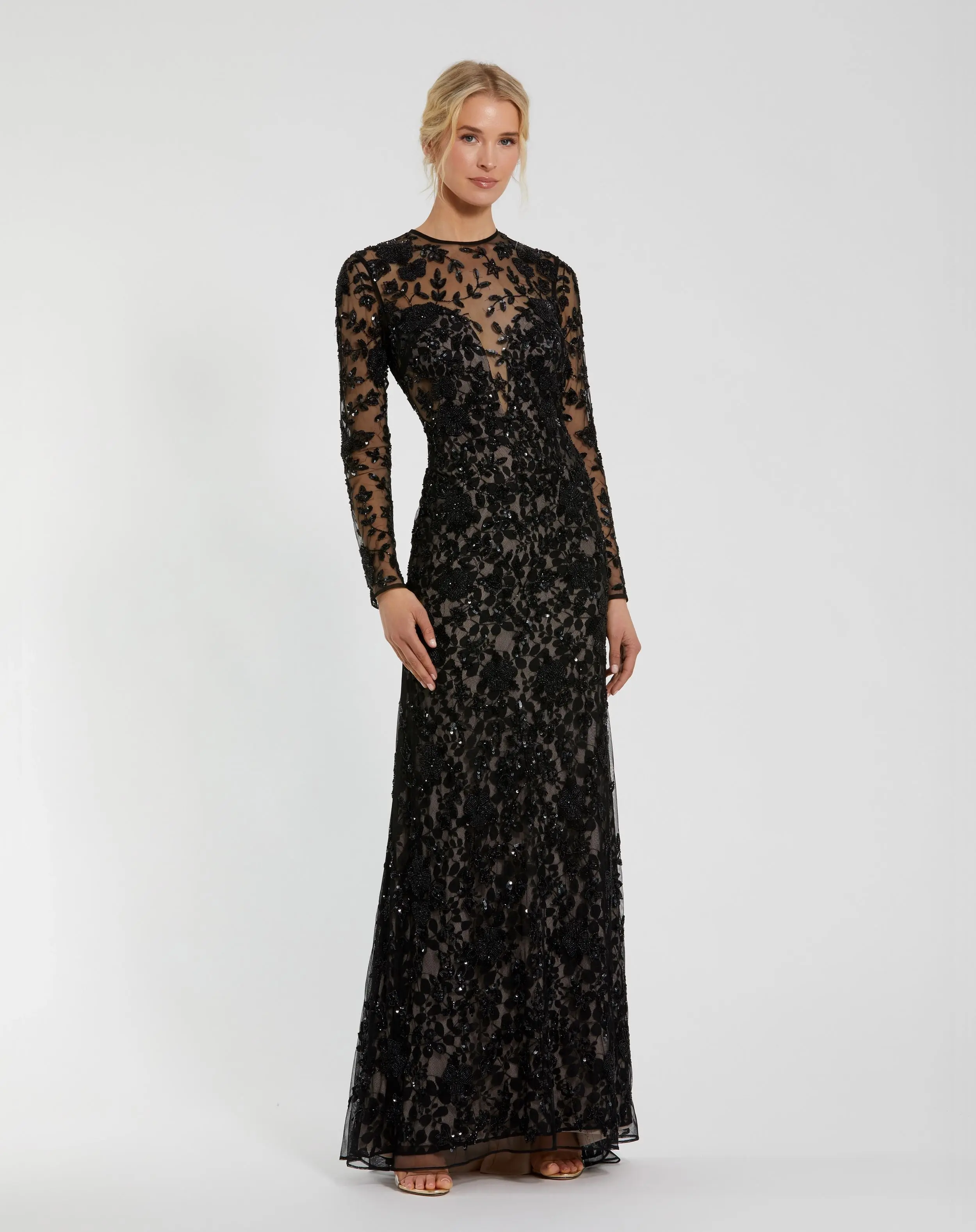 Black Long Sleeve Floral Embellished Gown