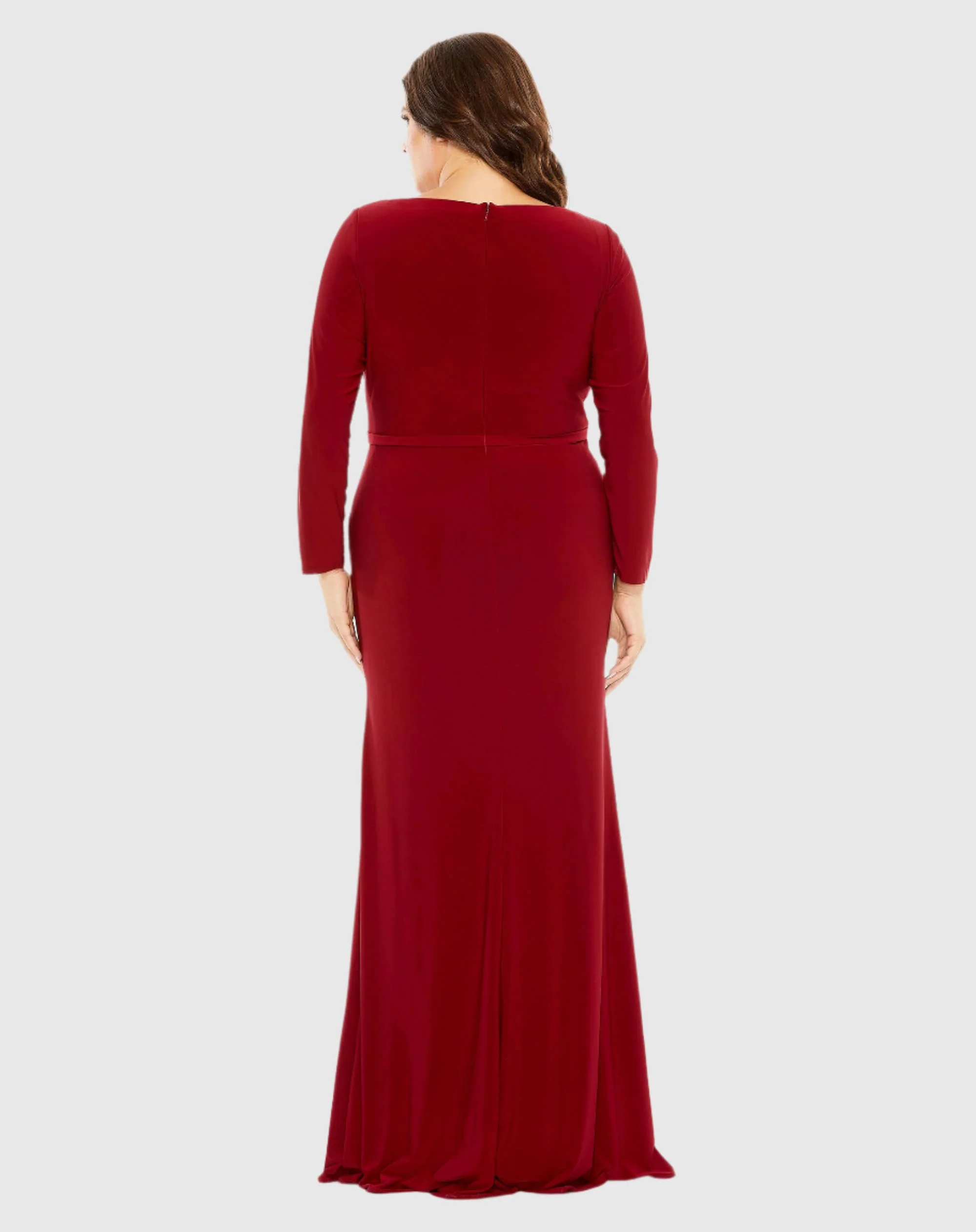 Red Long Sleeve V-Neck Faux Wrap Gown