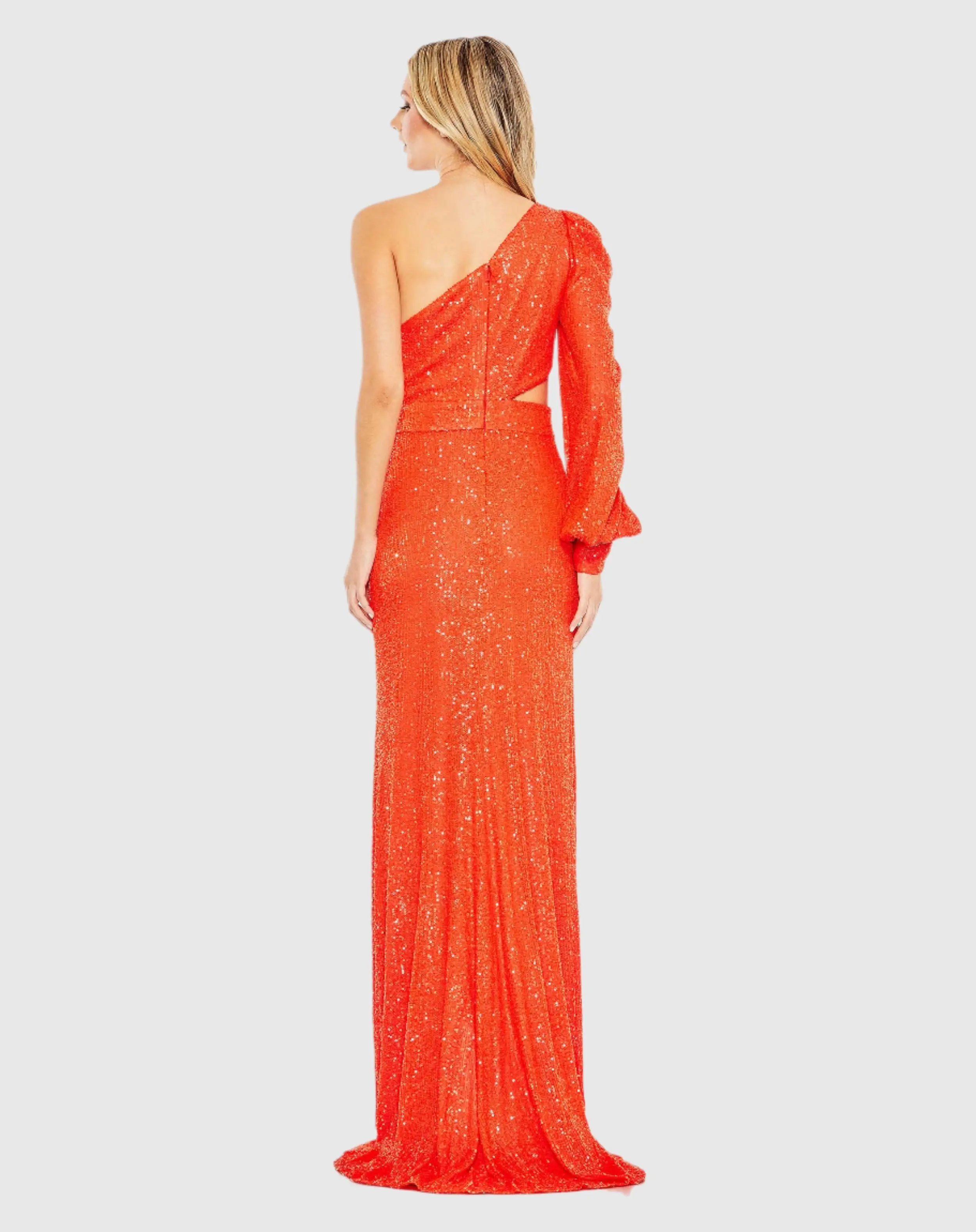 Orange Sequined One Shoulder Cut Out Gown