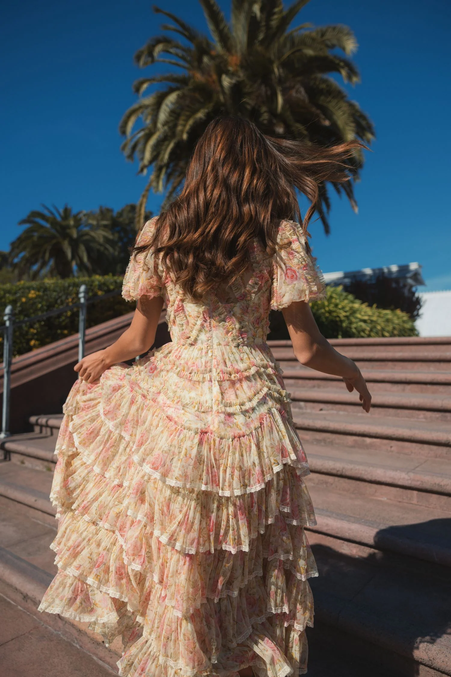 Beige Lace Trim Printed Mesh High Neck Midi Dress