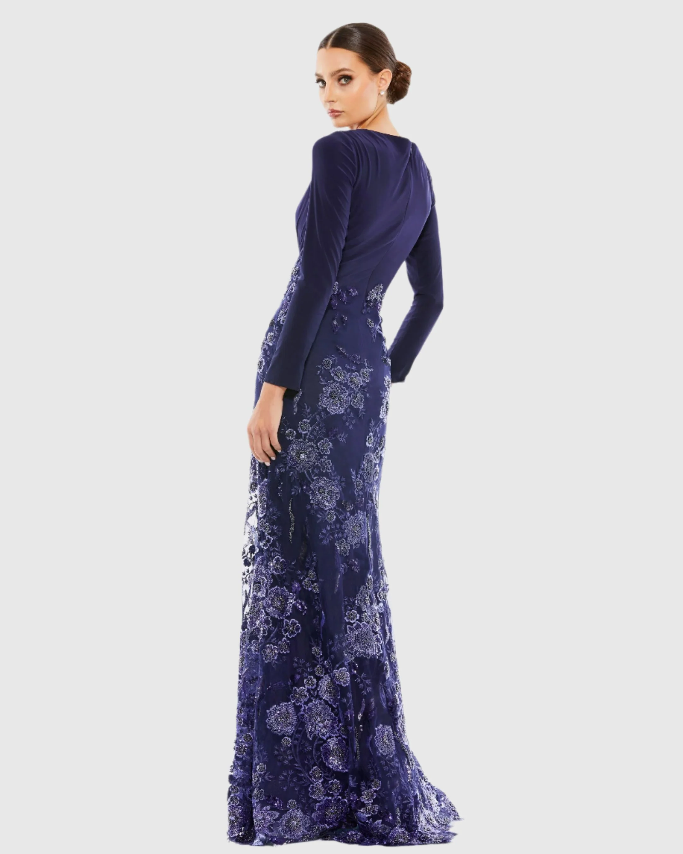 Embellished Long Sleeve Wrap Over Trumpet Gown