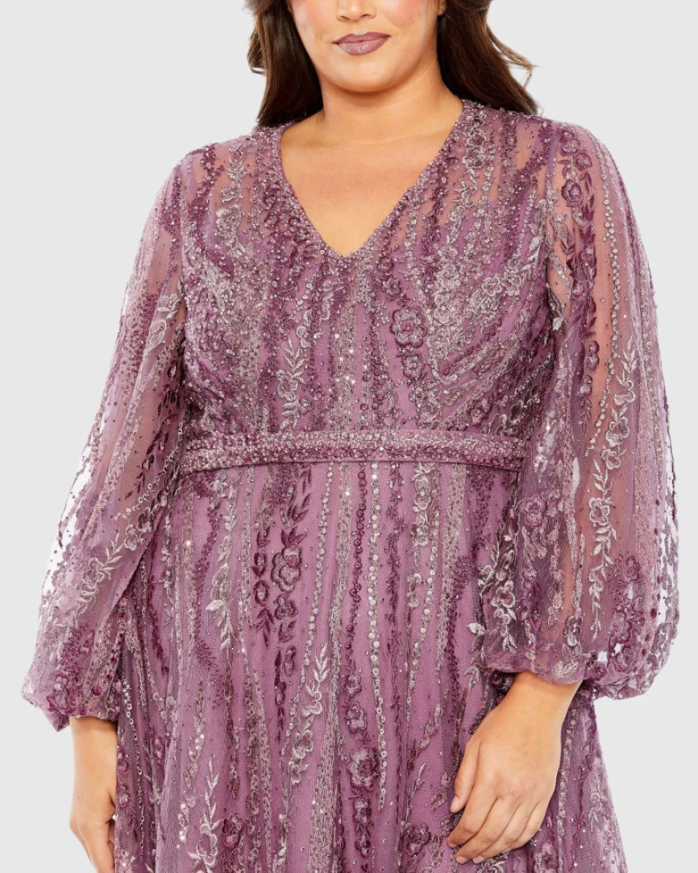 Purple V Neck Puff Sleeve Embroidered A Line Gown