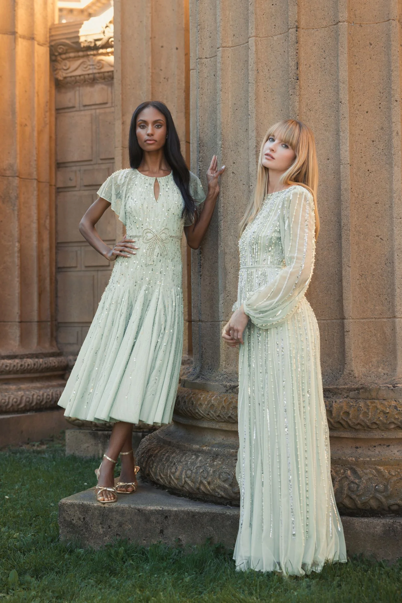 Green Embellished Bow Flutter Sleeve A Line Midi Dress