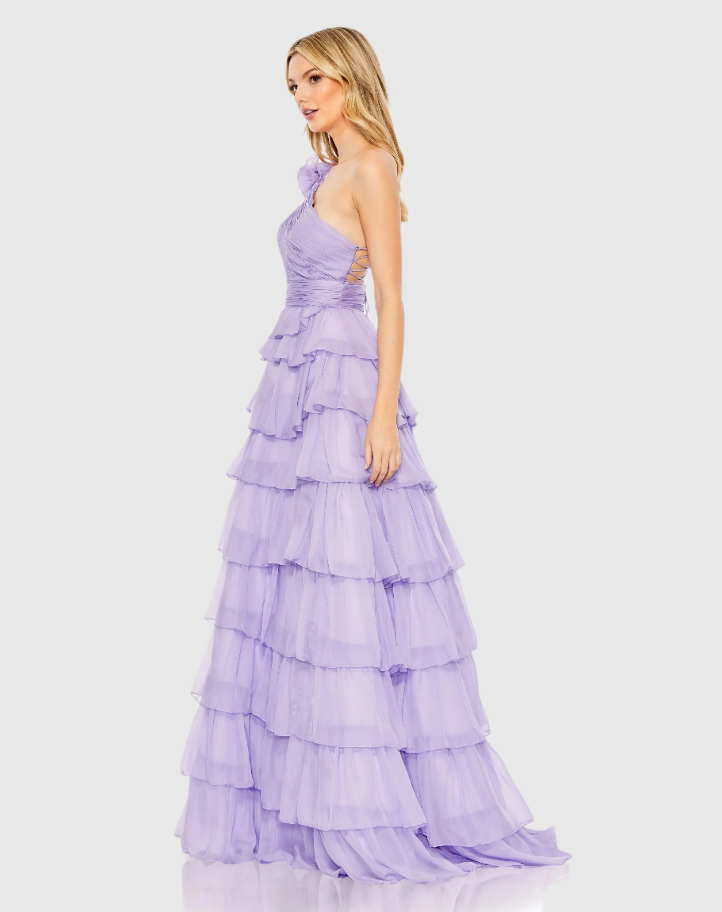Purple One Shoulder Ruffle Tiered Ballgown